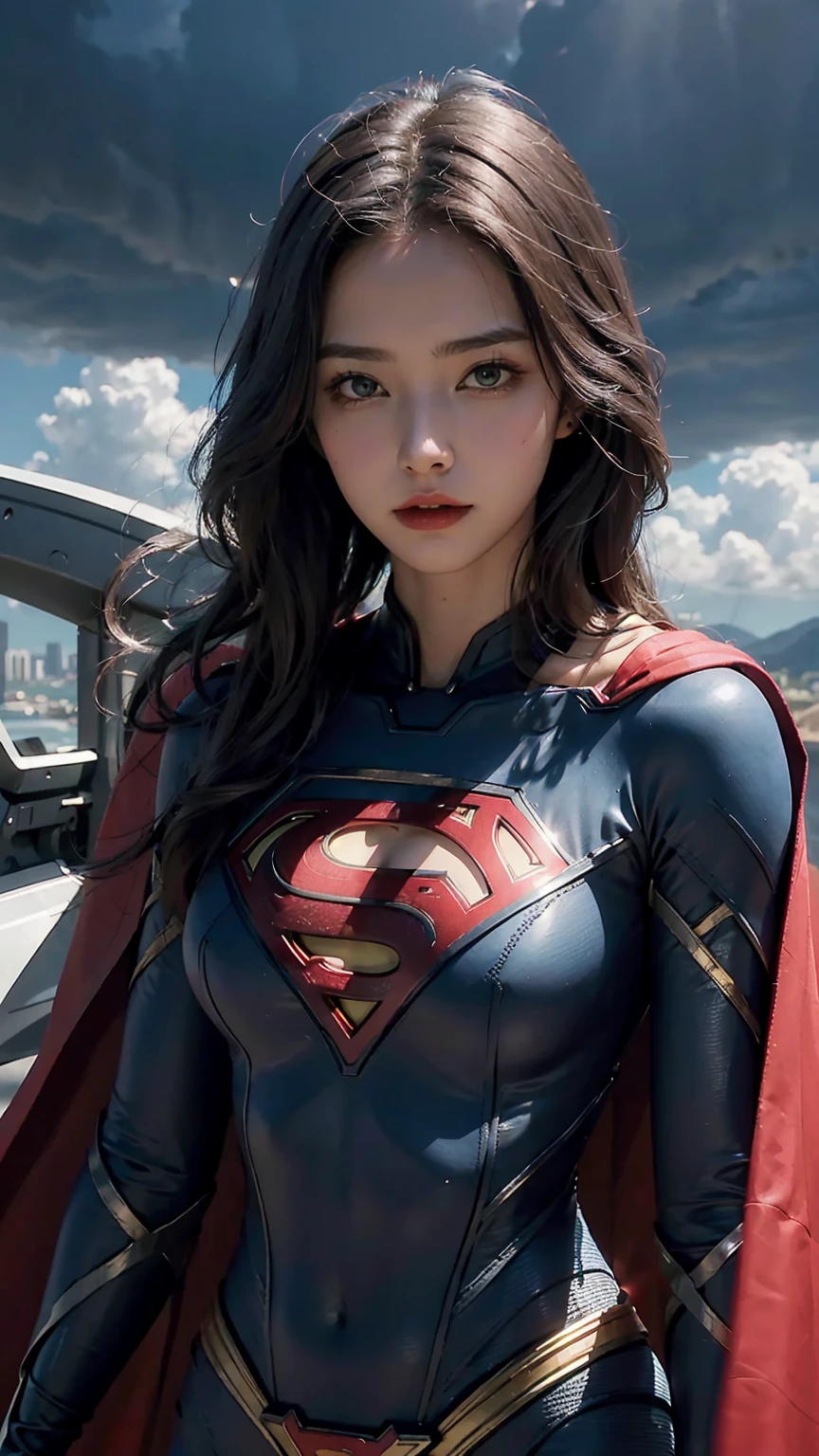 Woman wearing detailed SuperMan costume with full sleeves covering the entire body, serious face, (flying in sky), vivid colors, dramatic lighting, red cape, cinematic costume, carbon fiber detailed suit,