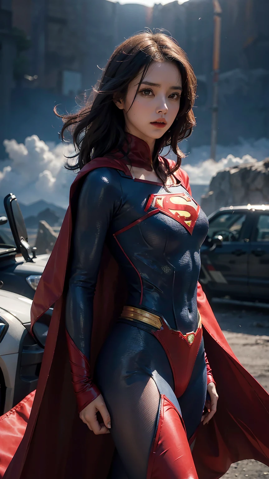 Woman wearing detailed SuperMan costume with full sleeves covering the entire body, serious face, (flying in sky), vivid colors, dramatic lighting, red cape, cinematic costume, carbon fiber detailed suit,