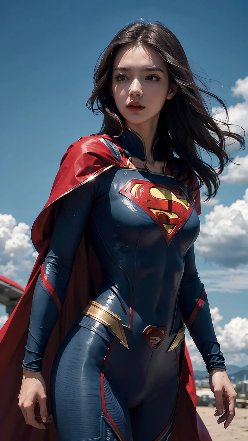 Woman wearing detailed SuperMan costume with full sleeves covering the entire body, serious face, (flying in sky), vivid colors, dramatic lighting, red cape, cinematic costume, carbon fiber detailed suit,