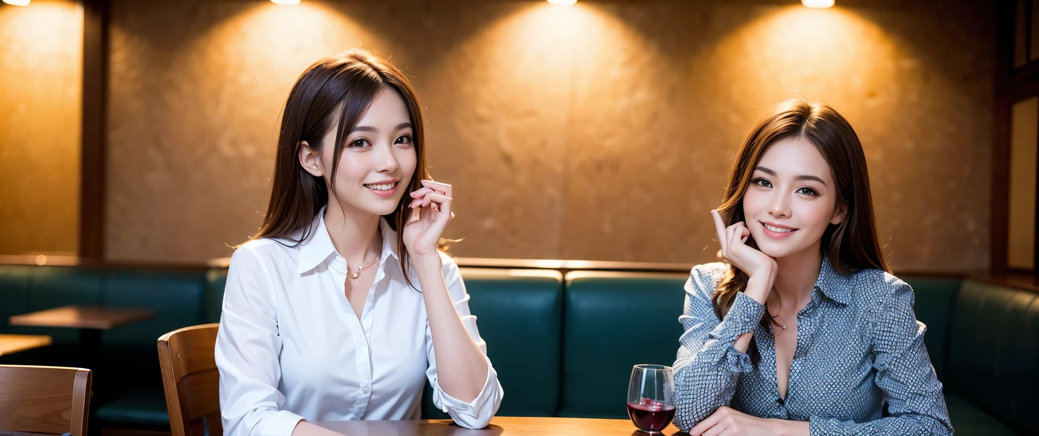 64k, Hmm, highest quality, masterpiece: 1.2), (realistic, photorealistic: 1.37), Super detailed, 3 slim beauties, (slim face),Happy、 the best smile、Fox face、Berry Short、(because I'thin), (brown hair), (shortcut), long sleeve shirt、winter fashion、Colombian、Brazilian、Japanese、Dutch、German、Portuguese、Belgian、Italian、French,Champagne、sparkling wine、 (gush out), (slim body), (brown hair), (shortcut), neat beauty、cheeks turn a little red, (35 years old), 38 years old, alone, A beautiful and detailed night view spreads out outside the window...., restaurant, wine glass is sitting, At night, in a prominent place (from the Upper body) nova frog style, actress, model, Upper body, White wine, slim, wine glass, Very beautiful night view, wine glass Put in the Middle, Happy smile, (smile: 1.15),