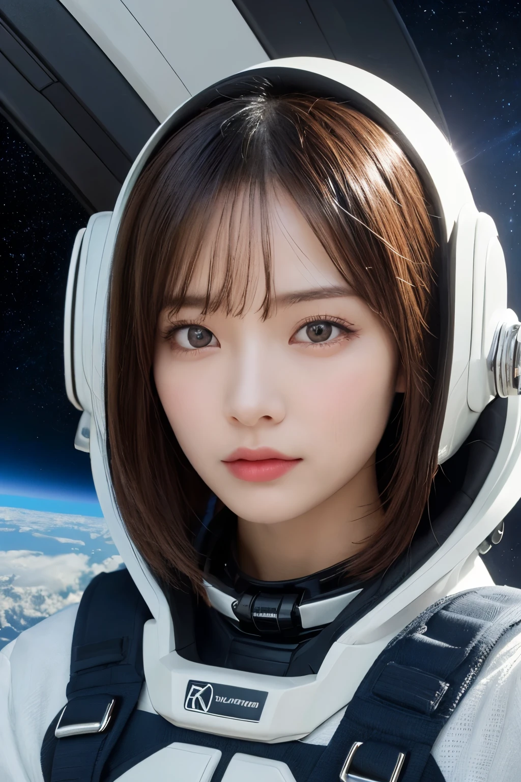 highest quality、masterpiece、ultra high resolution、(real:1.4)、Beautiful woman1、Beautiful details of eyes and skin、no makeup、light brown short cut hair、perfect space suit、spaceship、macrocosm、Remains、rocky mountain、cloudy sky、
