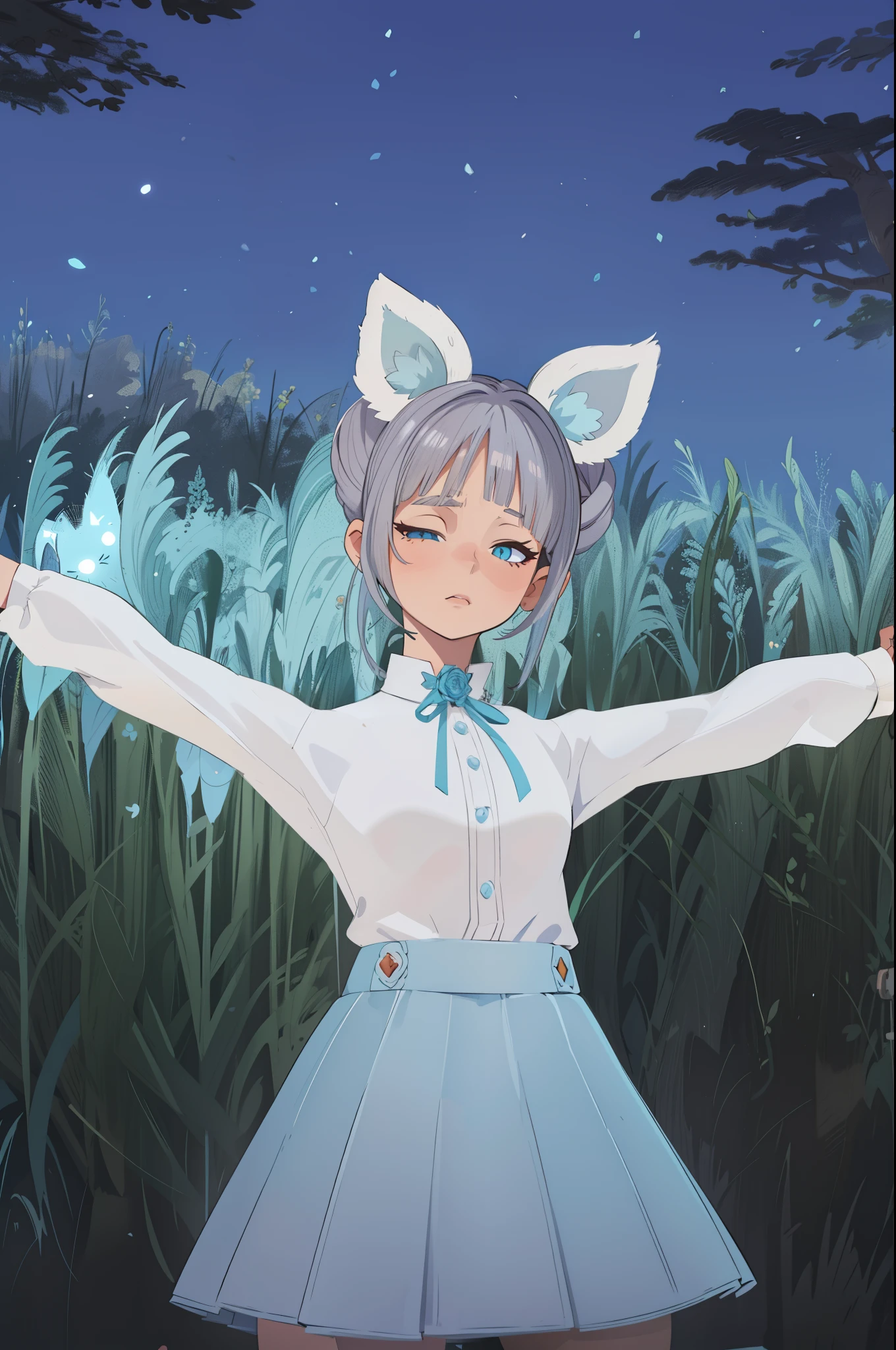 anime girl dans une robe blanche avec ses bras tendus en l&#39;air, fille avec des oreilles de chat, fille aux oreilles de renard, anime fille avec des oreilles de chat, Femme avec des oreilles de chat, lunar themed outfit, rendu d&#39;une jolie fille anime 3D, fille chat blanc, holo est une fille-loup, cheveux roses et yeux cyan, style final fantasy 14