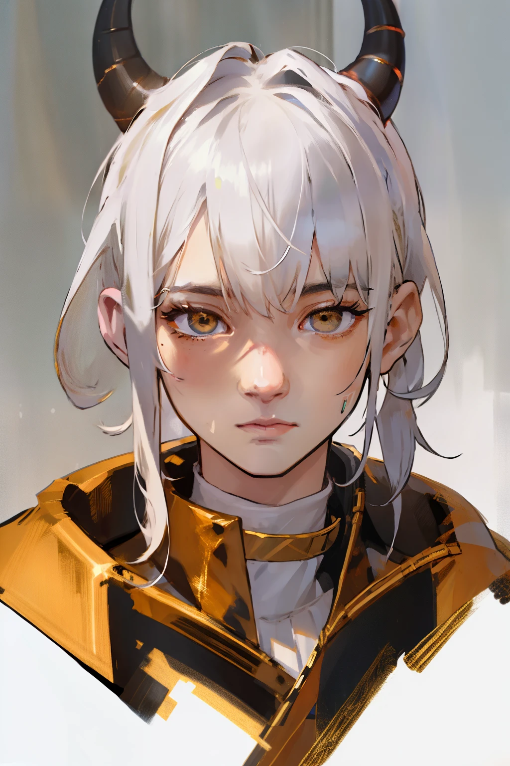 a boy，golden eyes，Messy long bangs，white short hair，sick look，black collar，extremely detailed face，jewelry, cold and arrogant，horn