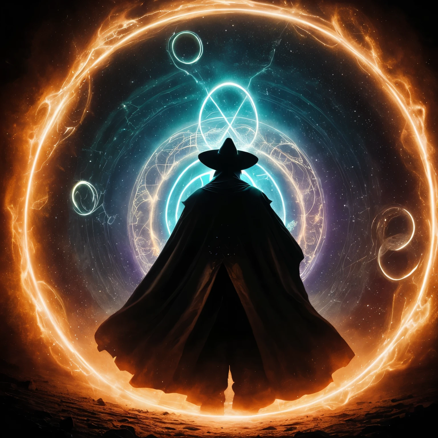 realistic, masterpieces, dark elf, mage, creates magic circles which are portals to another dark world, mysterious magic, glowing bright circles, magic portals, neons color, RAW photo, film grain, 8k, depth of field