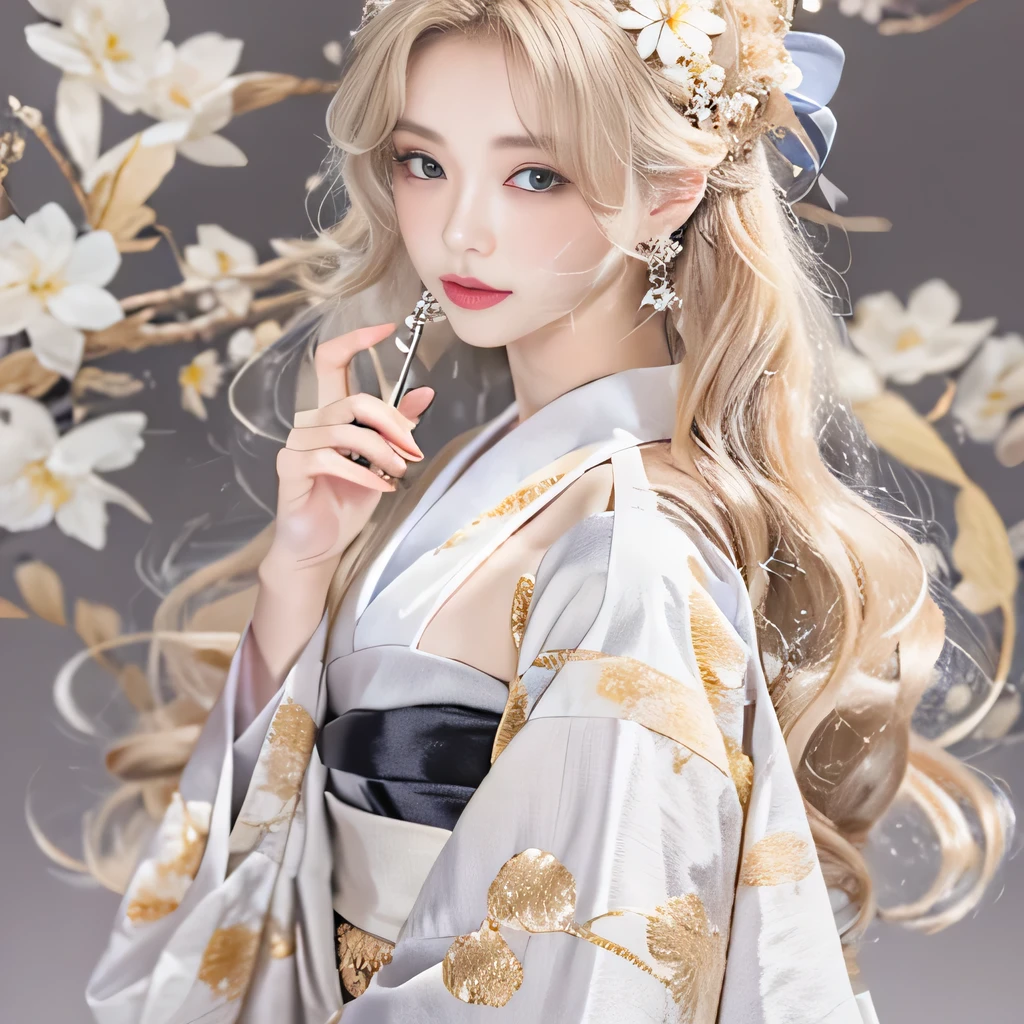 8k)、(best image quality:1.5)、gray background、close up of face、1girl、masterpiece、delicate and sharp eyes、brown eyes、eye power、delicate face、cup、fascinating face、platinum blonde hair、Semi-long wave、japanese kimono、white kimono、Kimono with visible collarbone、gal、Emphasis on the clavicle、earrings、