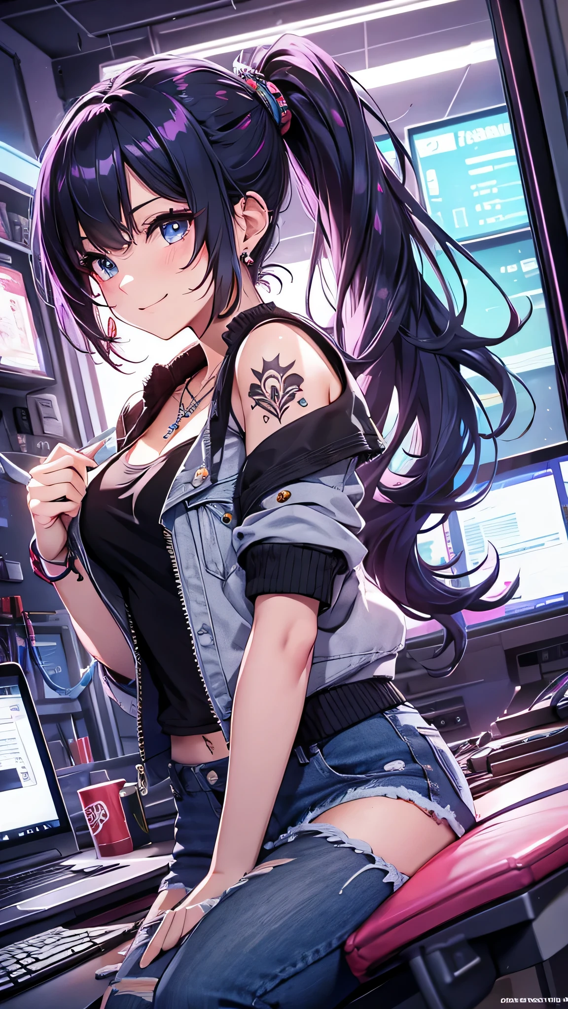 最high quality、best image quality、masterpiece、girl((20-year-old、 By becoming、vest bust、medium bust,wide open breast tea、shining eyes, neon hair、long hair、thin,highest valley、ponytail、Damaged Denim Shorts、black navel shirt、Damaged Denim Jacket、smile、full body tattoo,diamond earrings、Wristband、necklace、jump、leaning forward、elation)),high quality、beautiful art、background((Hacker Room、server room、neon lighting、computer stand、Laptop))、Flight、debris flies、Depth of written boundary、movie、visual art、perfect art、8k,genuine、