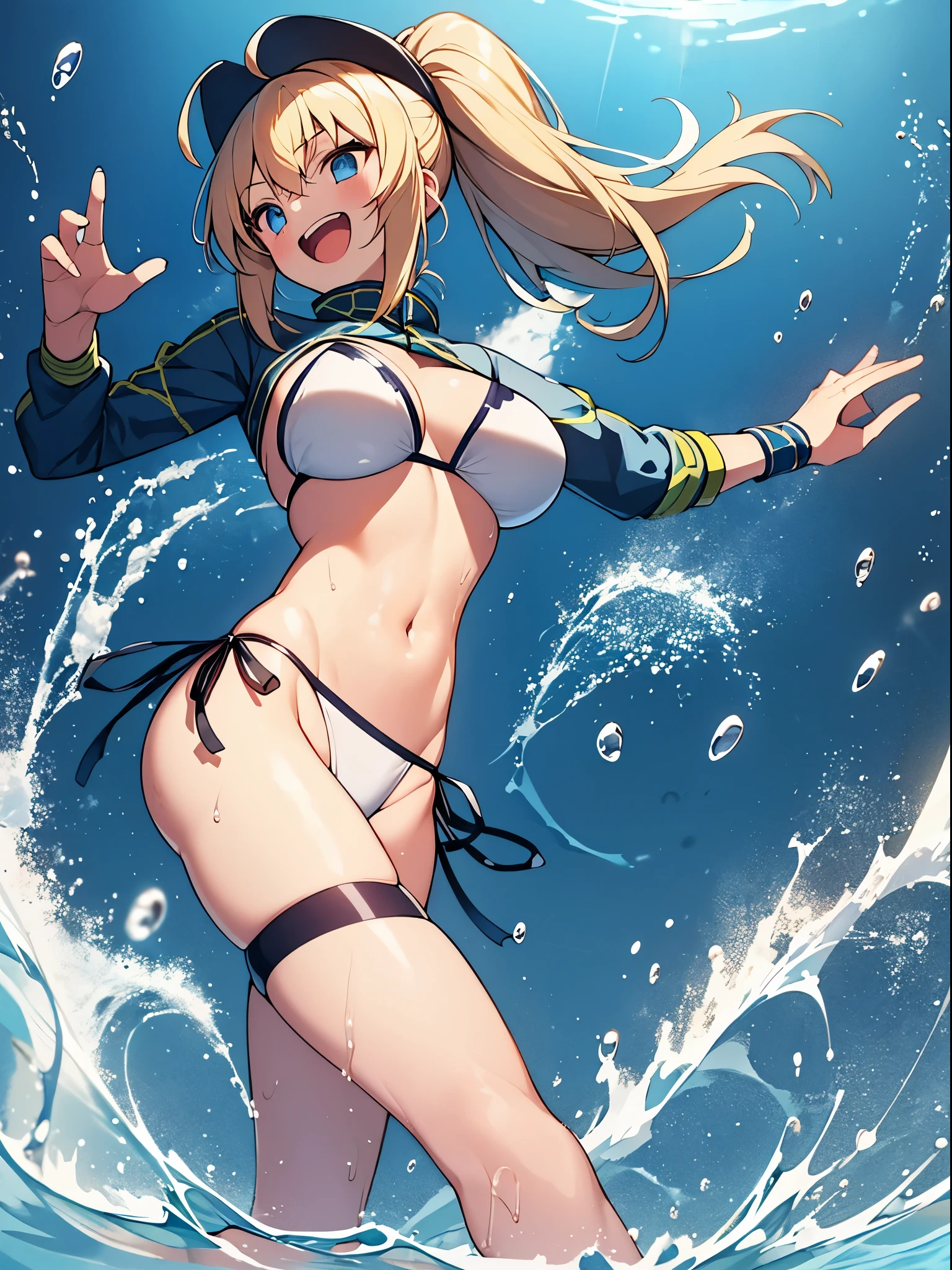 masterpiece,(ultra-detailed),1girl, mysterious heroine xx \(fate\), smile,open mouth, swimsuit, white bikini, side-tie bikini bottom, shrug \(clothing\), jacket, thigh strap, wristband, large_breasts, ocean, splashing,blonde_ponytail,open_legs,