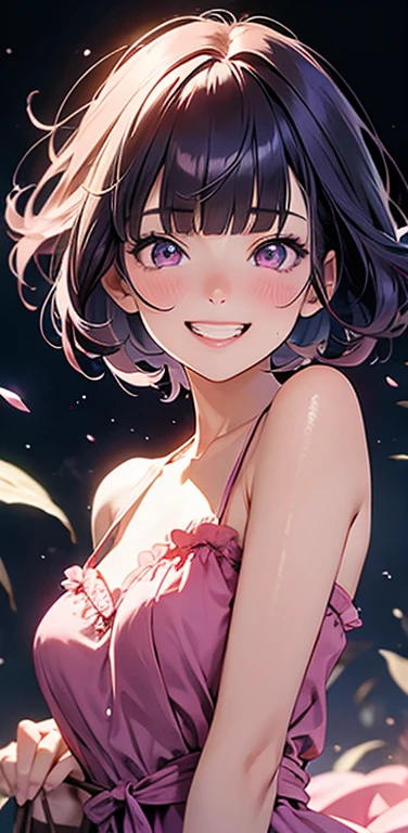 (8K、highest quality、masterpiece:1.2)、Super detailed、super resolution、Realistic、(1girl) 、(purple hair)、short hair。(blunt bangs:1.5),pink eyes、(face focus,upper body),(glowing eyes:1.4),(sundress:1.3)、(grin:1.3),open mouth、cute face,blush、small breasts,hair ribbon,(simple background),