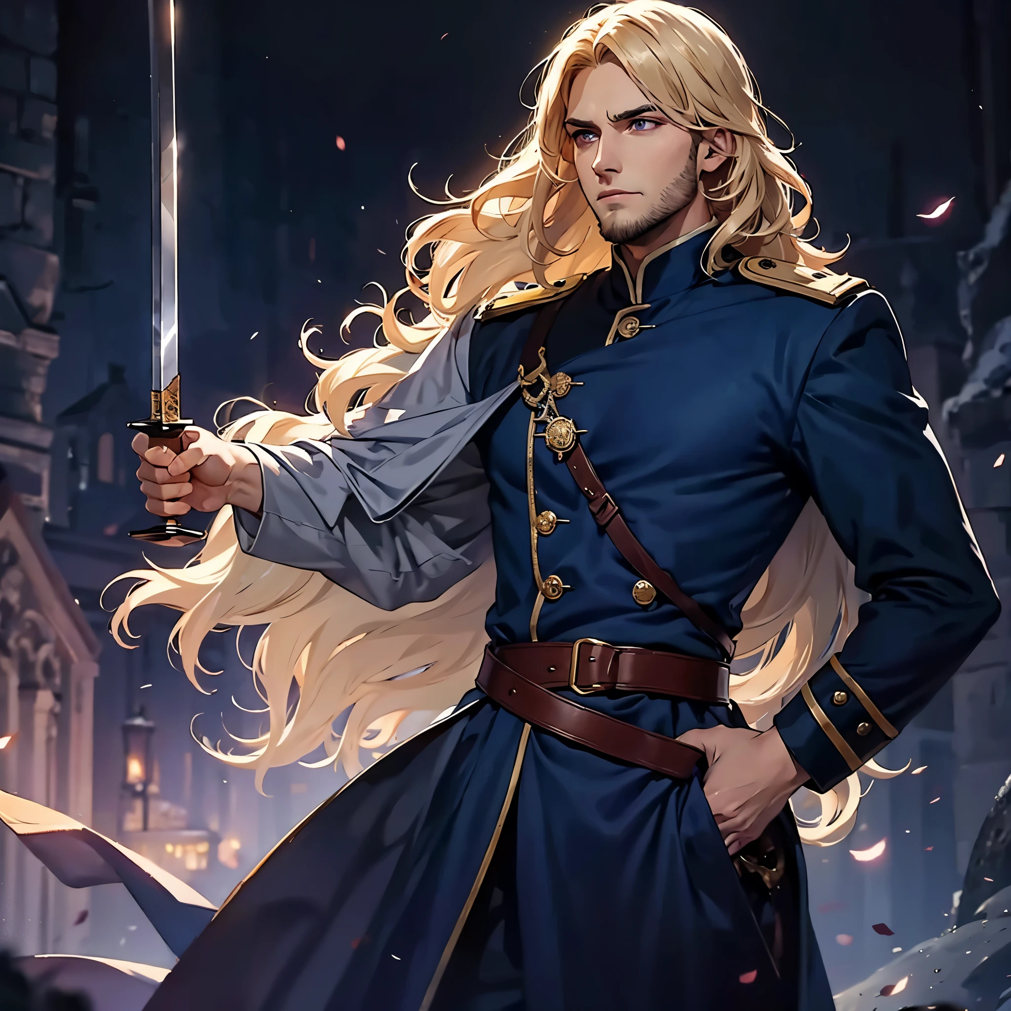 ((1man, swinging a sword, late 30s)), (blond, medium, middle-part wavy hair), light-purple eyes, little eyebrows, slightly thick beard, slightly long face, navy blue military uniform