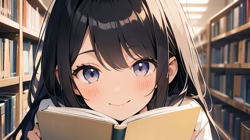 18 year old female、hair is black、long hair、eyes are big、library、close up of face、reading a book、smile