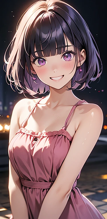 (8K、highest quality、masterpiece:1.2)、Super detailed、super resolution、Realistic、(1girl)  、(purple hair)、short hair。(blunt bangs:1.5),pink eyes、(face focus,upper body),(glowing eyes:1.4),(sundress:1.3)、(grin:1.3),open mouth、cute face,blush、small breasts,hair ribbon,(simple background),