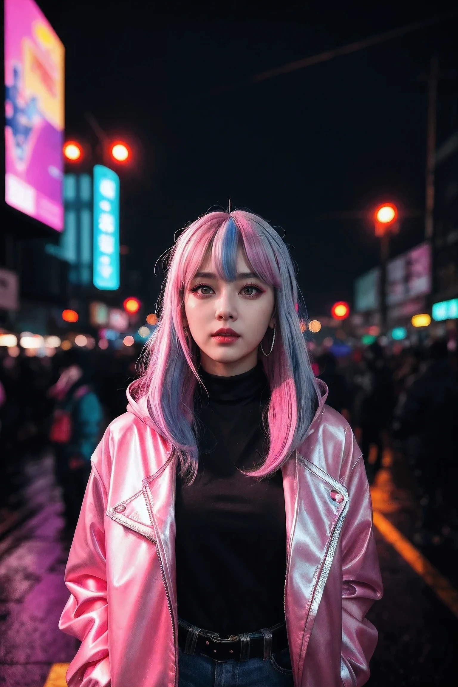 Lucy \(cyberpunk\), 1 girl, Headband, Ji Qie, silver hair, color tips, full moon, gray eyes, jacket, long sleeves, looking at the audience, medium hair, Colorful hair, parted bangs, open lips, pink hair, portrait, red eyeliner, red lips, alone, white jacket, cyberpunk \(series\), rainy night in a cyberpunk city with glowing neon lights