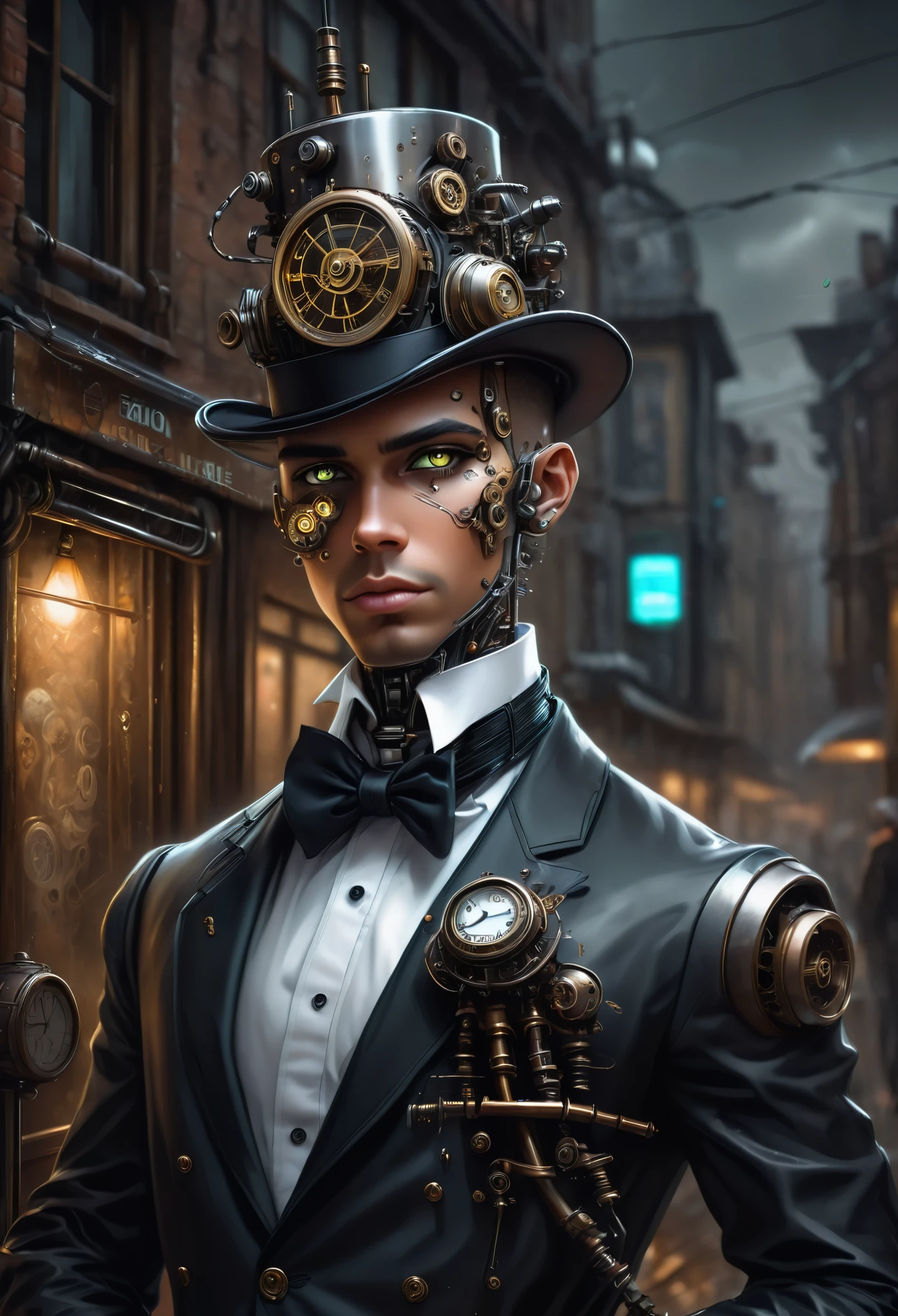 Robot-Butler with mechanical engineering profile, gravata steampunk, detalhe sombra suave, boredom atmosphere mechanical face, one hand holding mechanical decorative cane, vista de baixo, in insane, intricate mechanical detail, em roupas de mordomo com detalhes intrincados, discreet lighting element, mechanical cool beauty, tiro de corpo inteiro, de lado, cute cyber butler outfit, beauty like sharp blade atmosphere, sombra extremamente fina, drizzle graffiti scene, eternal clock, parece o vento da eternidade, atmosphere of solitude, dim white lighting, street art graffiti inspiration, sadness shines eyes through expression, gallant expression, brilho mais escuro e fraco, darker core oil paint illustration with details, Detalhe muito claro, textura extremamente clara, pincelada complexa, alta qualidade, high resolution, maximum quality, alvo, mira, negro