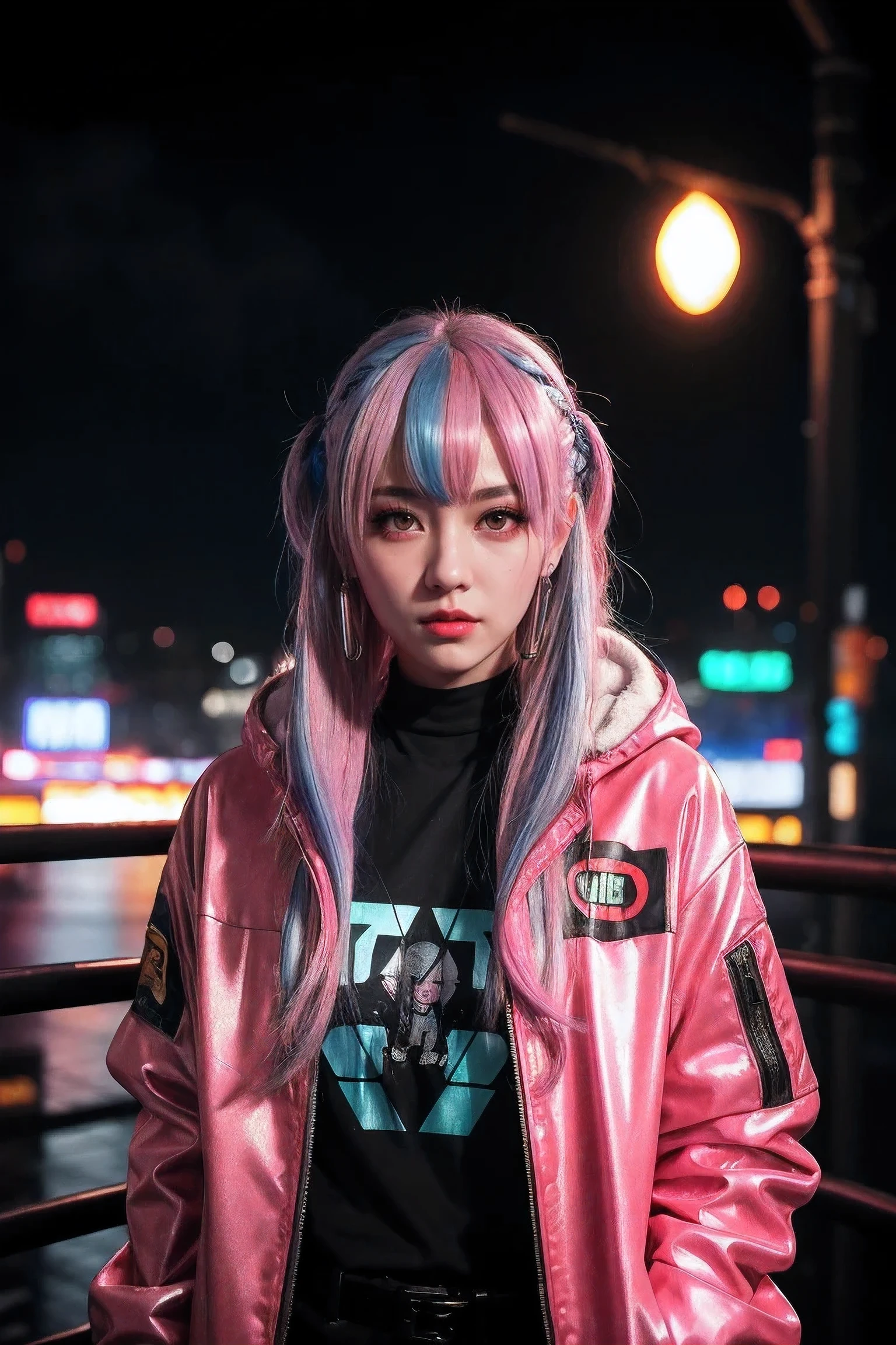 Lucy \(cyberpunk\), 1 girl, Headband, Ji Qie, silver hair, color tips, full moon, gray eyes, jacket, long sleeves, looking at the audience, medium hair, Colorful hair, parted bangs, open lips, pink hair, portrait, red eyeliner, red lips, alone, white jacket, cyberpunk \(series\), rainy night in a cyberpunk city with glowing neon lights