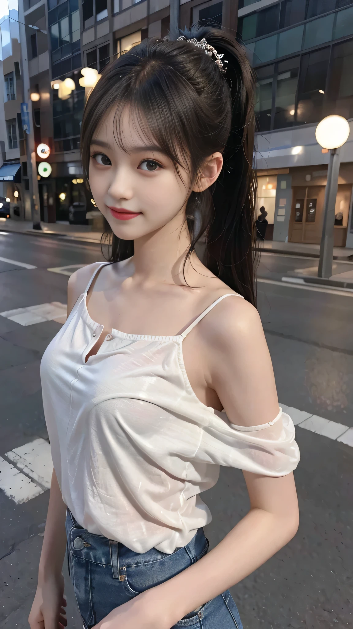 european cityscape,one woman,full body photo,table top, best image quality, high quality, The background is clear，Beautiful woman, Japanese, be familiar with, be familiar with eyes, be familiar with skin, beautiful skin, 超High resolution, (reality: 1.4),very beautiful woman, a little young face, beautiful skin, thin, (ultra photoreal sim), (High resolution), (8k), (非常にbe familiar with) (beautiful detailed eyes), (超be familiar with), (be familiar with face), view viewer, small details, be familiar with face, look straight ahead, look straight ahead, reality的な写真, bright lighting, professional lighting, black hair,ponytail,a baby face,15 years old,髪型はponytailです,ロングponytailの髪型,slight smile,neatly organized clothes,european cityscape,Beautiful Japanese KPOP idol photo, ヘアスタイルはponytailです, my eyes are double and wide, baby face, smile and look straight ahead, thin, small breasts,formal shirts,jeans,close up face,