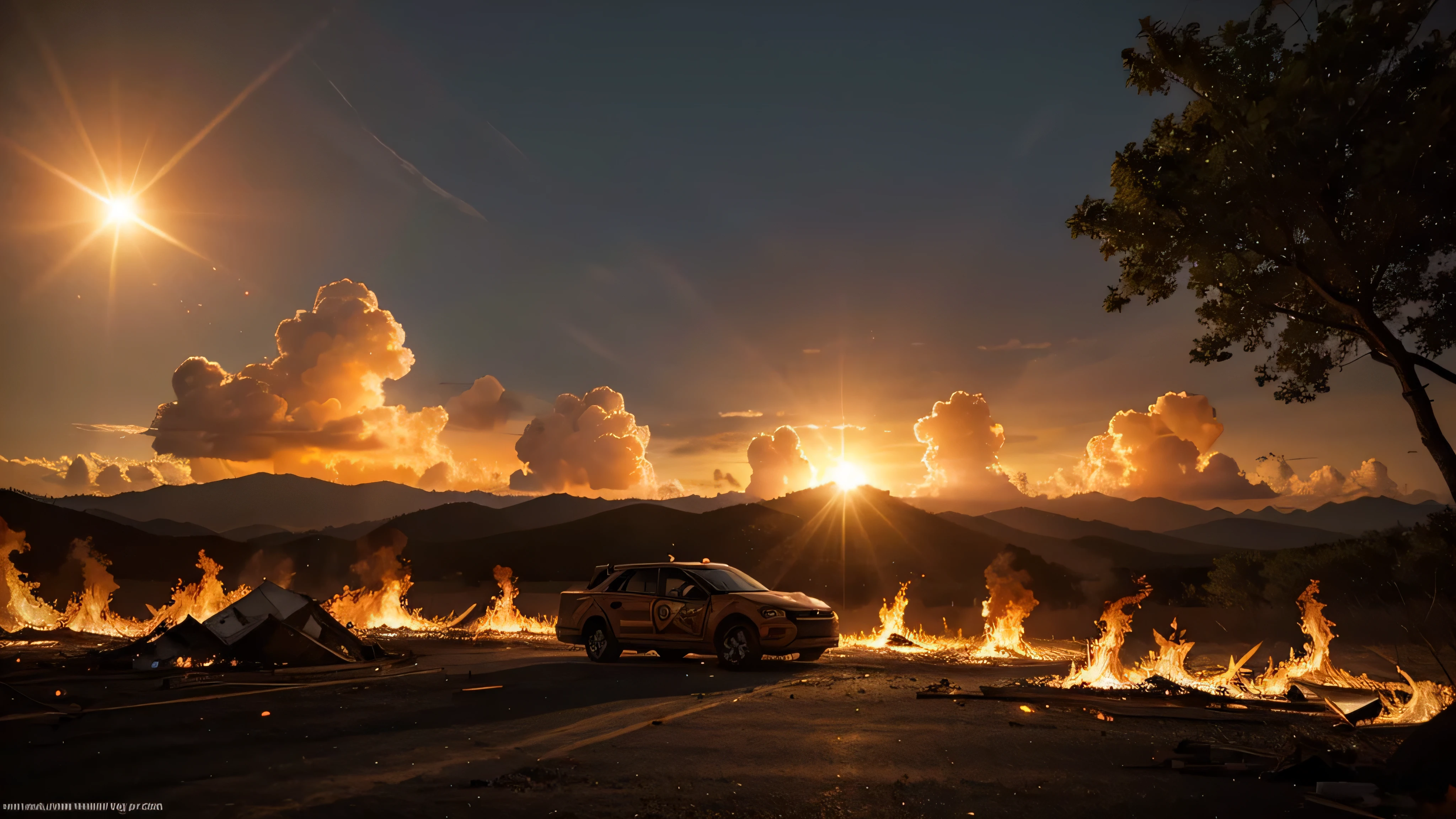 Generate a picture of three suns in the sky,The ground is filled with fire,Pictures of impending disaster