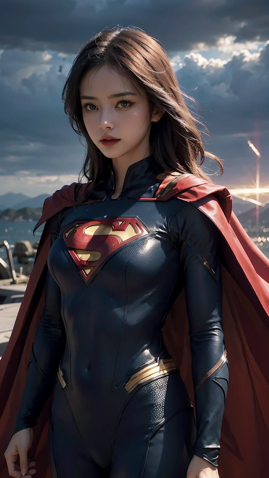 Woman wearing detailed SuperMan costume with full sleeves covering the entire body, serious face, (flying in sky), vivid colors, dramatic lighting, red cape, cinematic costume, carbon fiber detailed suit,