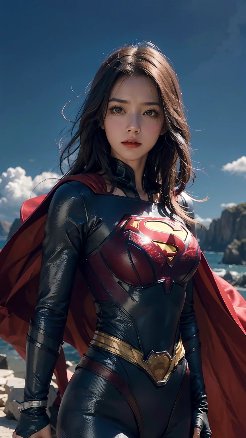 Woman wearing detailed SuperMan costume with full sleeves covering the entire body, serious face, (flying in sky), vivid colors, dramatic lighting, red cape, cinematic costume, carbon fiber detailed suit,