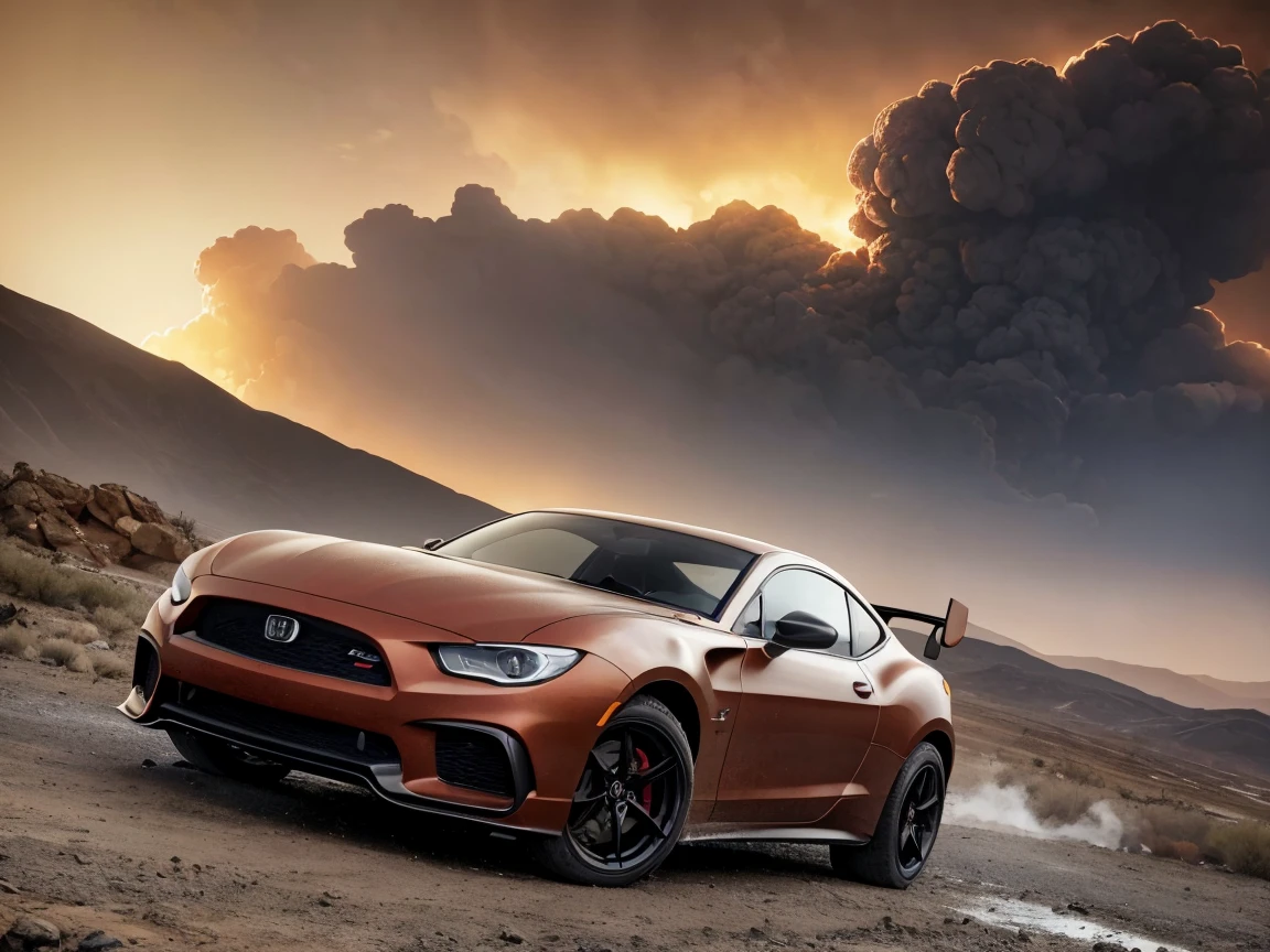 In this image, a sports car is parked in a barren, rocky landscape. The sky is filled with dark clouds and smoke, and there is an explosion in the background. The car has a rugged, industrial look, with rust and red accents. There are power lines in the distance and debris, including a tire, scattered around the car.