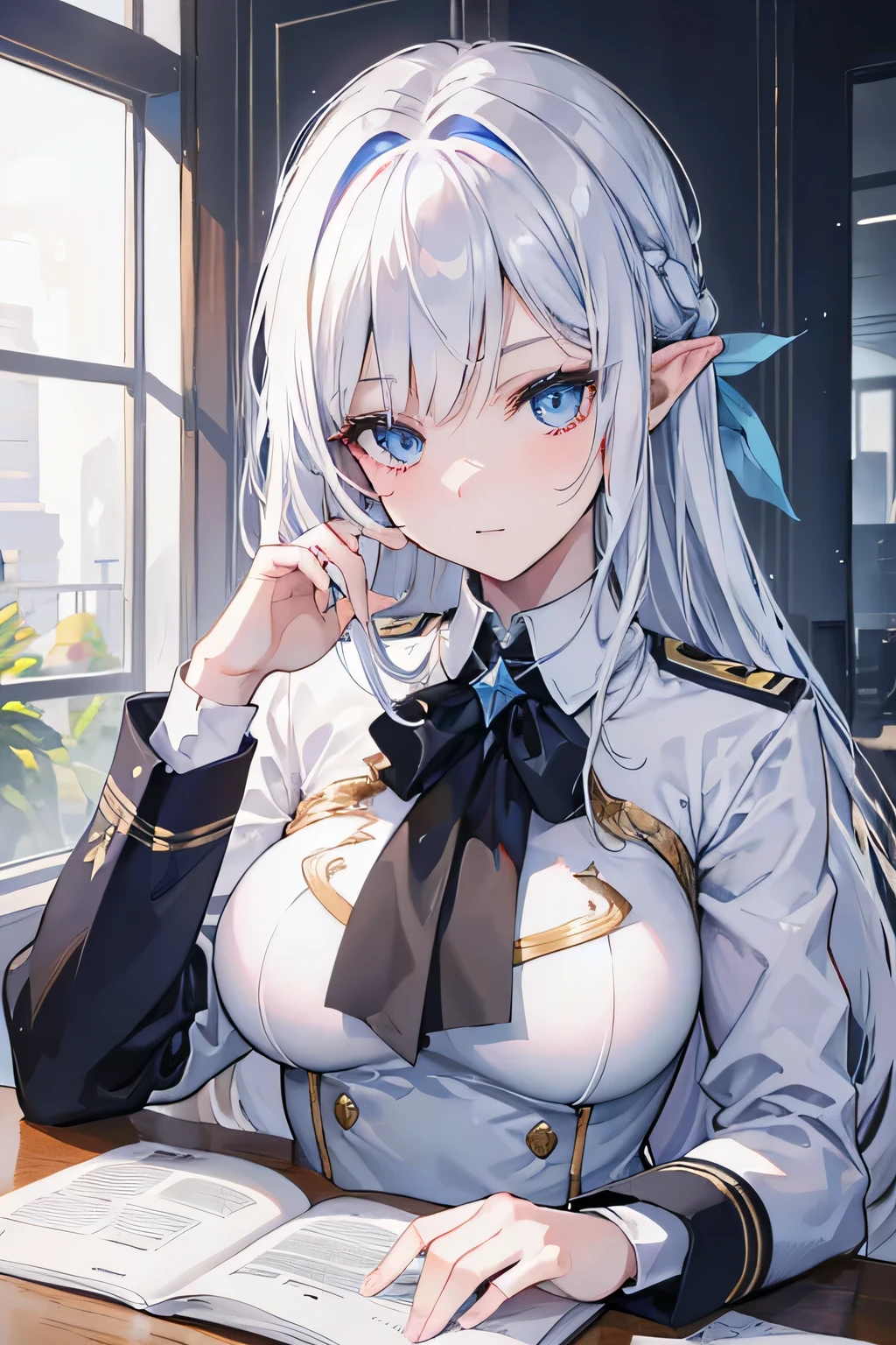 Beaux cheveux blanc platine,cheveux longs,Yeux bleus, femme dans un fantastique uniforme blanc de l&#39;Academy with a black shirt,femme elfe,Femme mature,femme adulte, Femme sexy, (best quality,4K,8K,high resolution,chef-d&#39;Ouvrages d&#39;art:1.2),ultra-detailed,(realistic,photorealistic,photo-realistic:1.37),Illustration,acuity,professionnel,Couleurs vives,portraits, femme dans un bureau, femme dans un bureau de directeur d'école, femme elfe