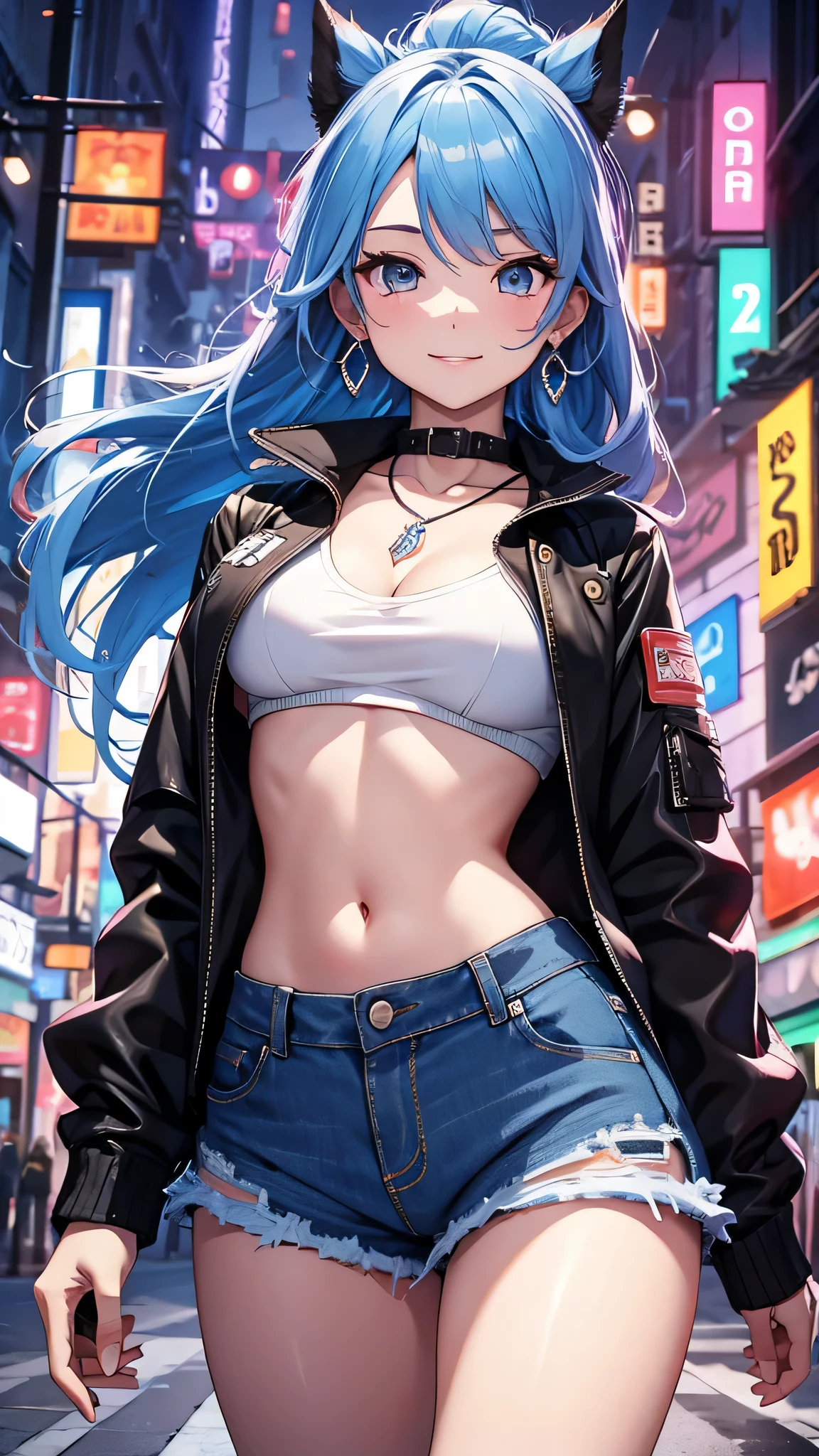 最high quality、best image quality、masterpiece、girl((20-year-old、 By becoming、vest bust、medium bust,wide open breast tea、shining eyes, neon hair、long hair、thin,highest valley、ponytail、Damaged Denim Shorts、black navel shirt、Damaged Denim Jacket、smile、full body tattoo,diamond earrings、Wristband、necklace、jump、leaning forward、elation)),high quality、beautiful art、background((neon city at night、strong wind))、Flight、debris flies、Depth of written boundary、movie、visual art、perfect art、8k,genuine、