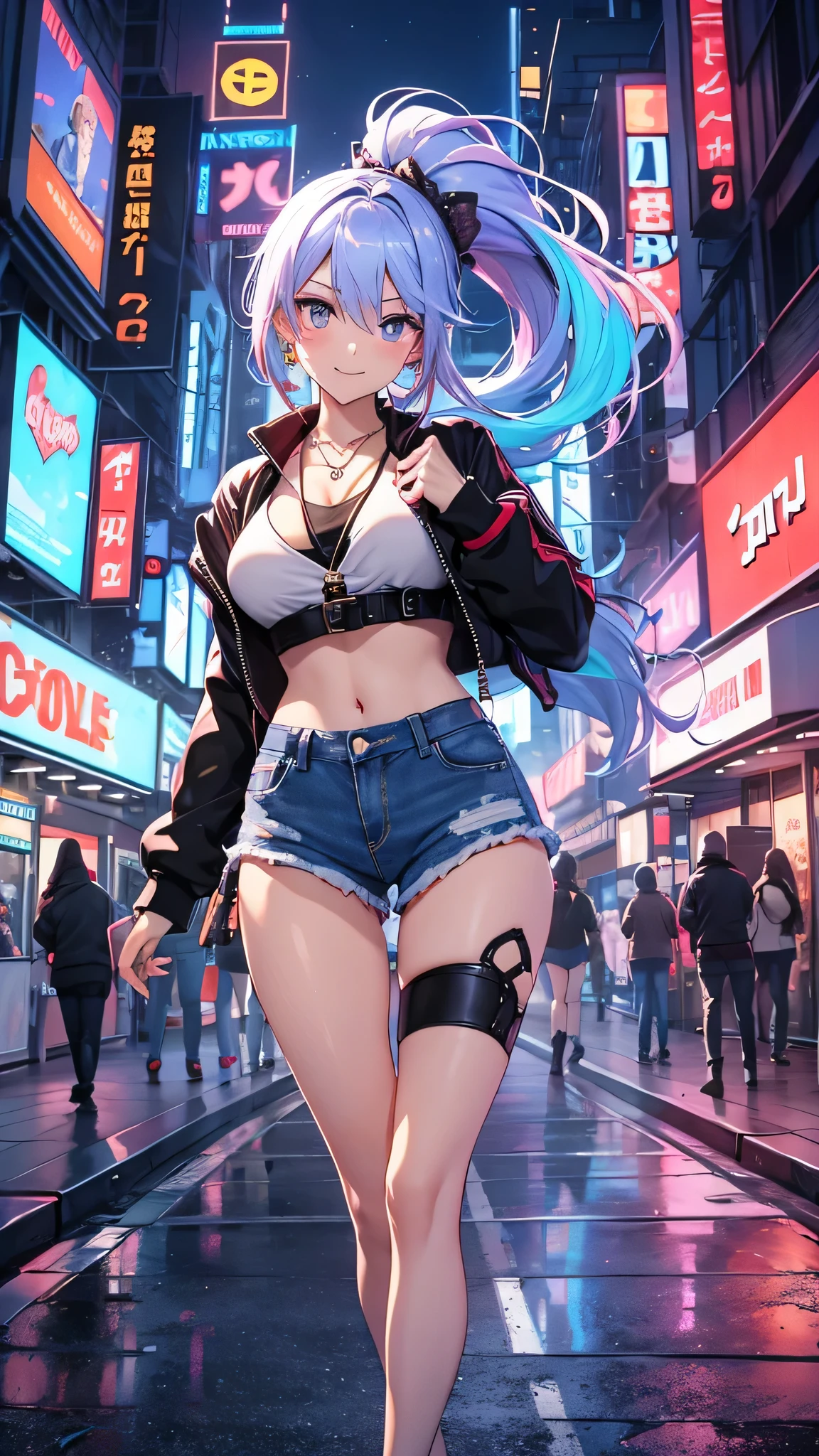 最high quality、best image quality、masterpiece、girl((20-year-old、 By becoming、vest bust、medium bust,wide open breast tea、shining eyes, neon hair、long hair、thin,highest valley、ponytail、Damaged Denim Shorts、black navel shirt、Damaged Denim Jacket、smile、full body tattoo,diamond earrings、Wristband、necklace、jump、leaning forward、elation)),high quality、beautiful art、background((neon city at night、strong wind))、Flight、debris flies、Depth of written boundary、movie、visual art、perfect art、8k,genuine、