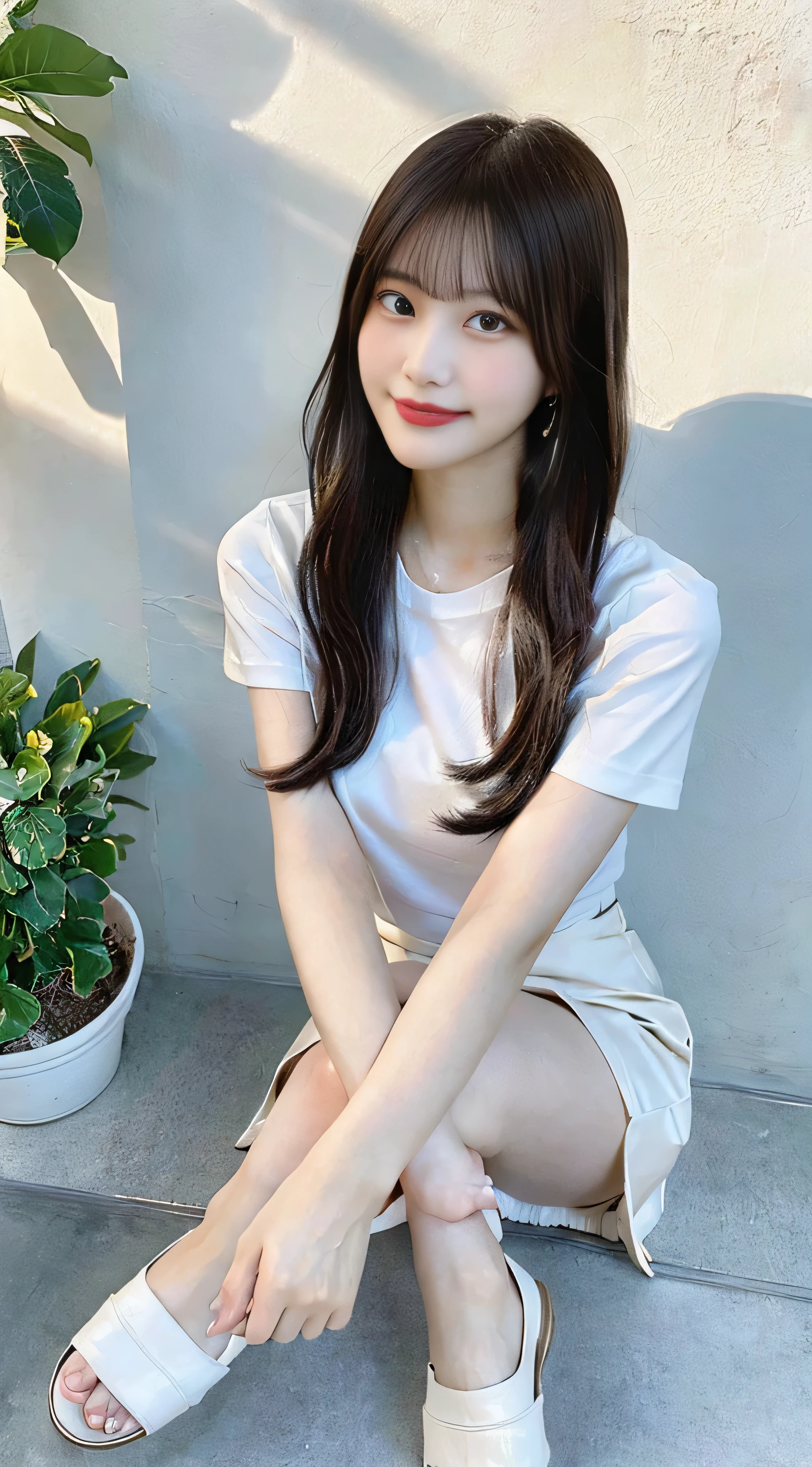 (highest quality,8K quality,masterpiece:1.3),(ultra high resolution,Photoreal:1.4,RAW photo),(Super detailed,caustics,detailed background),(ultra-realistic capture,Fine and beautiful skin,perfect anatomy), beautiful eyes, . double, Clean city,18-year-old,cute,Black Long, white short sleeve t-shirt,looking at camera,laughter,full body shot,natural soft light, smile, white teeth, perverted woman, white thighs, beautiful feet, beautiful feet
