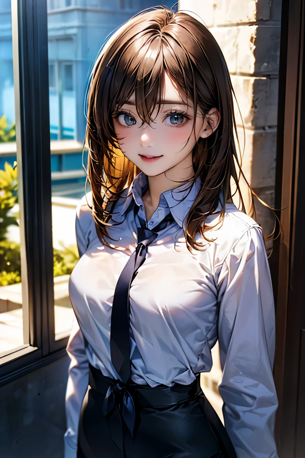 (masterpiece:1.2, highest quality), (realistic, photorealistic:1.4), beautiful illustrations, (natural side lighting, movie lighting),
looking at the viewer, face focus, Upper body, 1 girl, Japanese, 18-year-old, perfect face, perfect body, Cute symmetrical face, shiny skin, baby ,
((medium hair:1.4, light brown hair)), hair between eyes, emerald green eyes, seductive thighs, thin,
beautiful hair, beautiful face, thin and beautiful eyes, beautiful clavicle, beautiful body, beautiful breasts, beautiful thighs, beautiful feet, beautiful fingers,
(((tie front shirt:1.3), black tight skirt)),
(beautiful scenery), evening, (office), Are standing, (cute smile, Upper grad