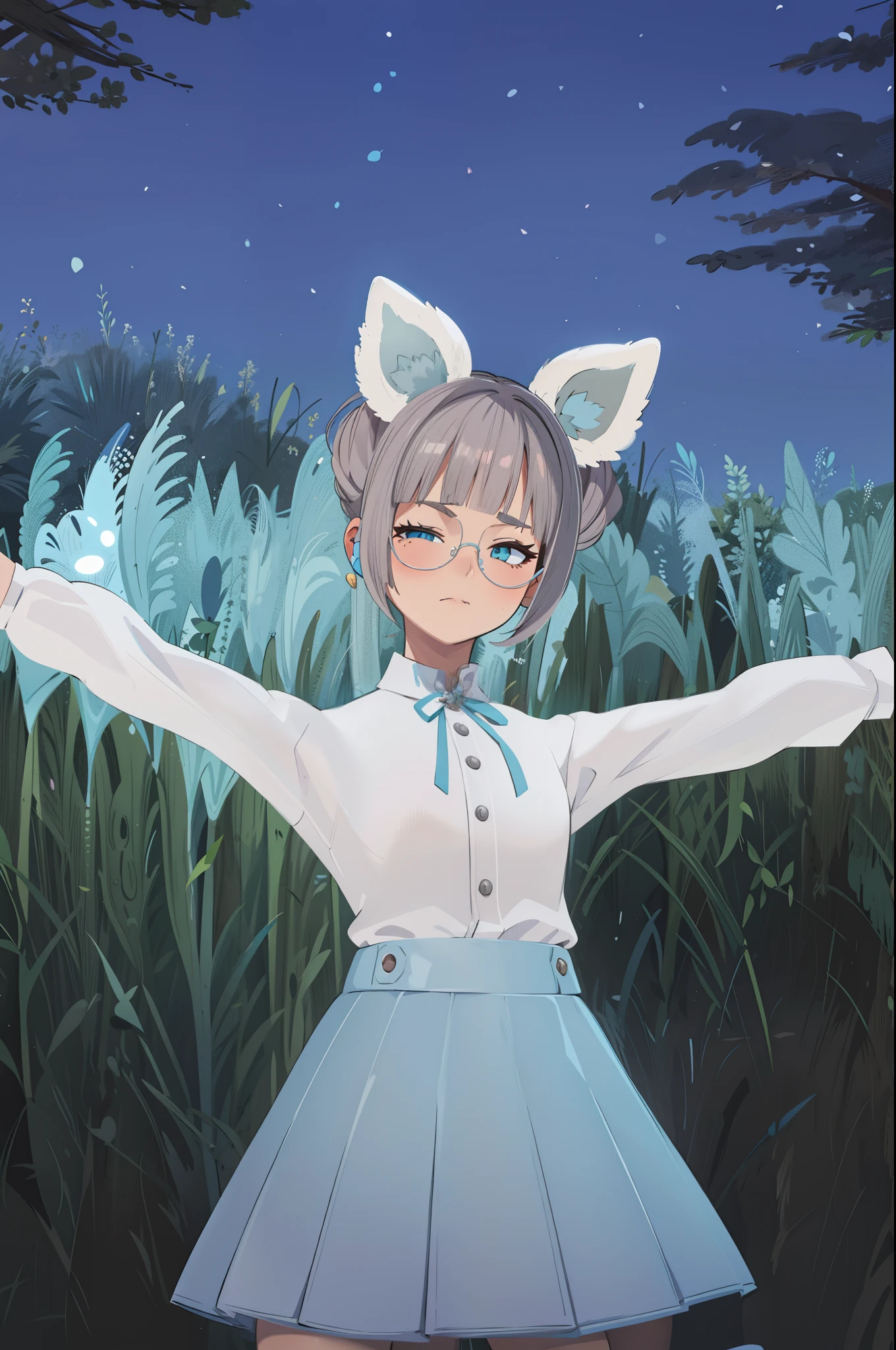 anime girl dans une robe blanche avec ses bras tendus en l'air, fille avec des oreilles de chat, fille aux oreilles de renard, anime fille avec des oreilles de chat, Femme avec des oreilles de chat, lunar themed outfit, rendu d'une jolie fille anime 3D, fille chat blanc, holo est une fille-loup, cheveux roses et yeux cyan, style final fantasy 14