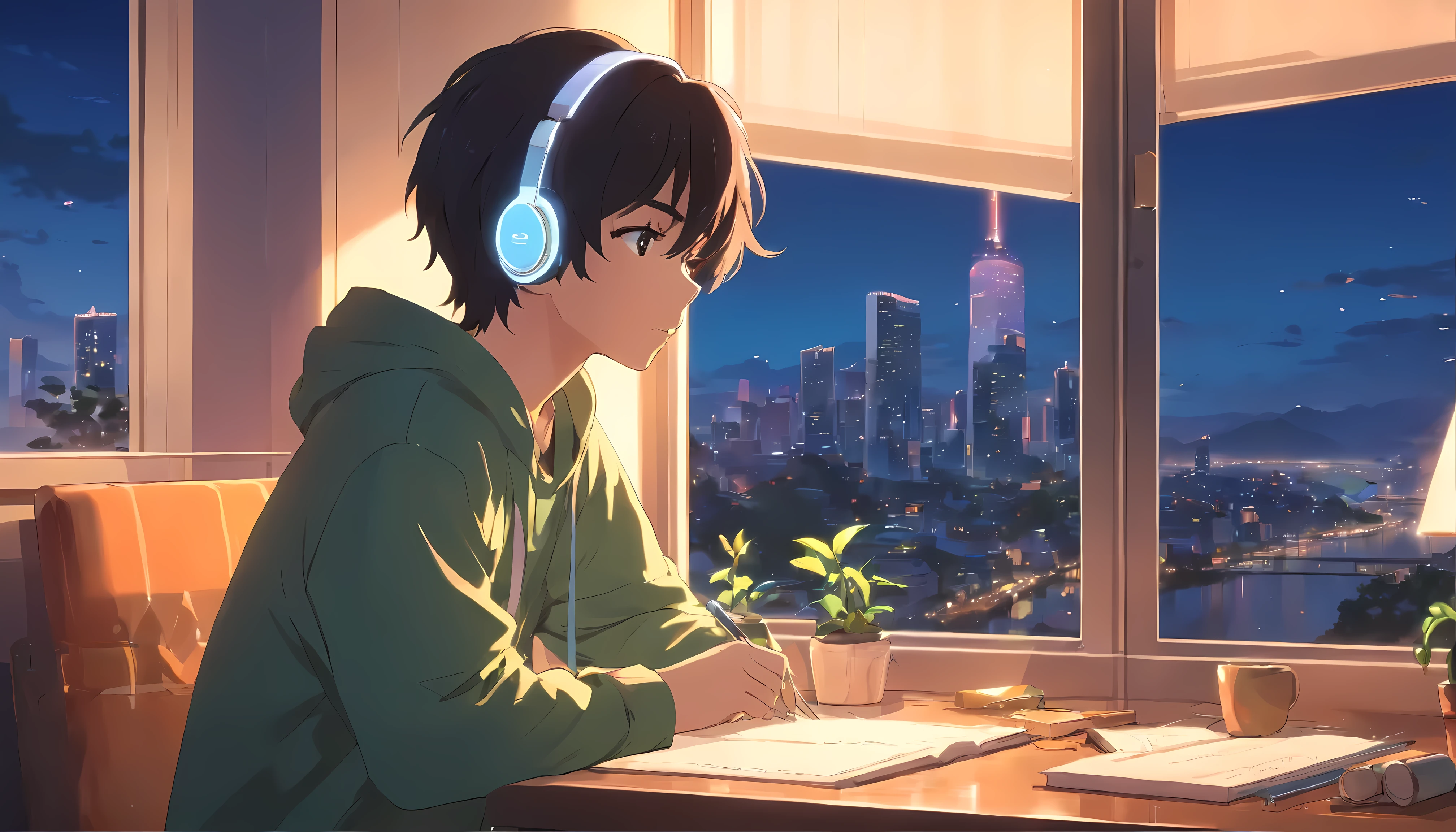 Anime boy with white headphones, Looking out the window at the city, black hair, lofiboy, anime atmosphere, Lofiatostyle, anime style 4k, anime aesthetics, Nightcore, Lofi feeling, Lofiato, anime art wallpaper 4k, anime art wallpaper 4k, anime wallpaper 4k, anime wallpaper 4k, Lo-fi atmosphere, study, hoodie, plants in the room, I have a pen, write in notebook, Mug on the table, lit candle on the table, anime style, cinematic lighting, masterpiece, highest quality, 4k