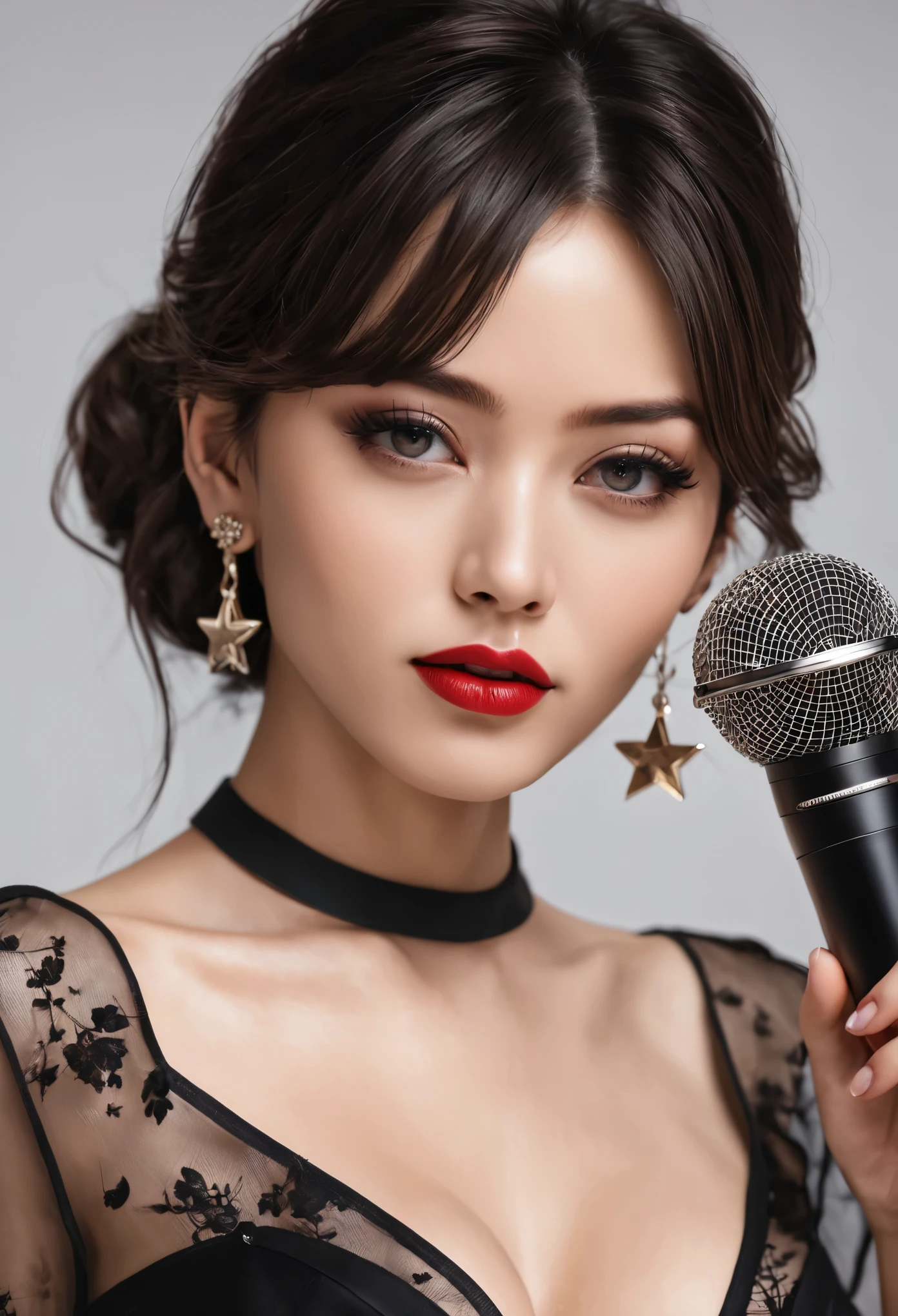 ((Masterpiece)), ((top quality)), ((photo-realistic head to toe)), ((super detailed face)), highly detailed CG 8K wallpaper, bright colors, dramatic light, 1 Japanese woman, 23 years old, small face, slim figure, singer, microphone near mouth, dynamic, A bold and edgy look, featuring a sleek black blouse with a plunging neckline and a flared black skirt with a high-low hemline, detailed eyes, eyeshadow, eyeliner, star earring, grin, lipstick, stylish heels