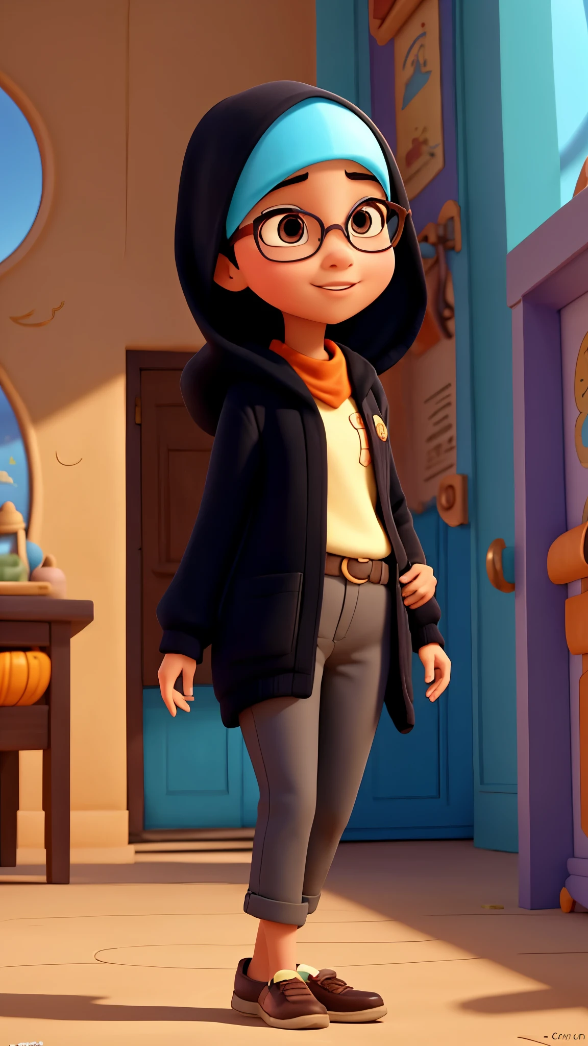 Disney Pixar-inspired movie tittle background, a Muslim female, cartoon, playful shadows, colorful palette, whimsical scenery, dynamic composition, cheerful atmosphere, cinematic quality, fat , gentle soft, soft spoken, wear glass,, black jacket, spectacles, fair, lovely orange tudung no noise