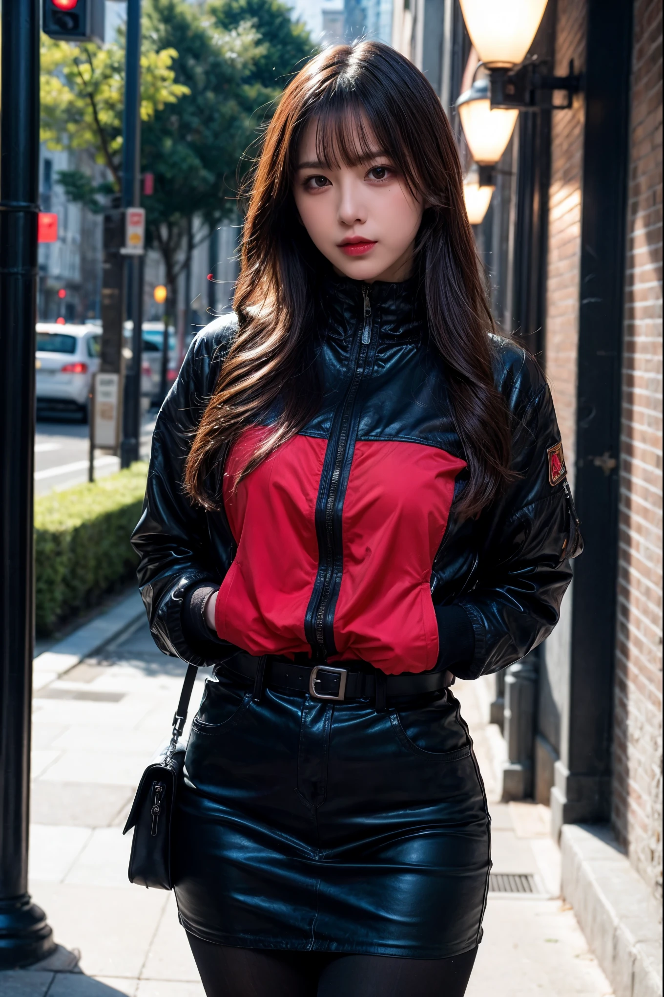 1 Japanese girl, これから要人をassassinationしにいく女の子, warframe, complex pattern, heavy metal, energy line, faceless, shining eyes, elegant, intense, blood red and black uniform, Alone, modern, city, street, dark clouds, thunderstorm, heavy rain,, dramatic lighting,, (masterpiece:1.2), highest quality, High resolution, beautiful, very detailed, perfect lighting, kill、Infiltration、assassination、full body shot:1.14,