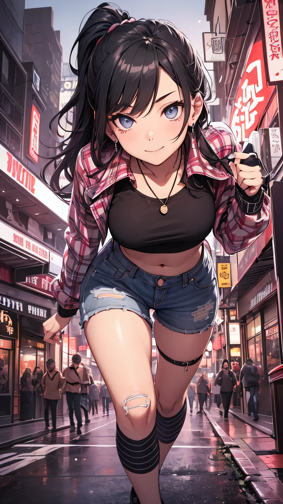 最high quality、best image quality、masterpiece、girl((20-year-old、 By becoming、vest bust、medium bust,wide open breast tea、shining eyes, neon hair、long hair、thin,highest valley、ponytail、Damaged Denim Shorts、black navel shirt、Damaged Denim Jacket、smile、full body tattoo,diamond earrings、Wristband、necklace、jump、leaning forward、elation)),high quality、beautiful art、background((neon square at night、illumination))、Flight、debris flies、Depth of written boundary、movie、visual art、perfect art、8k,genuine、