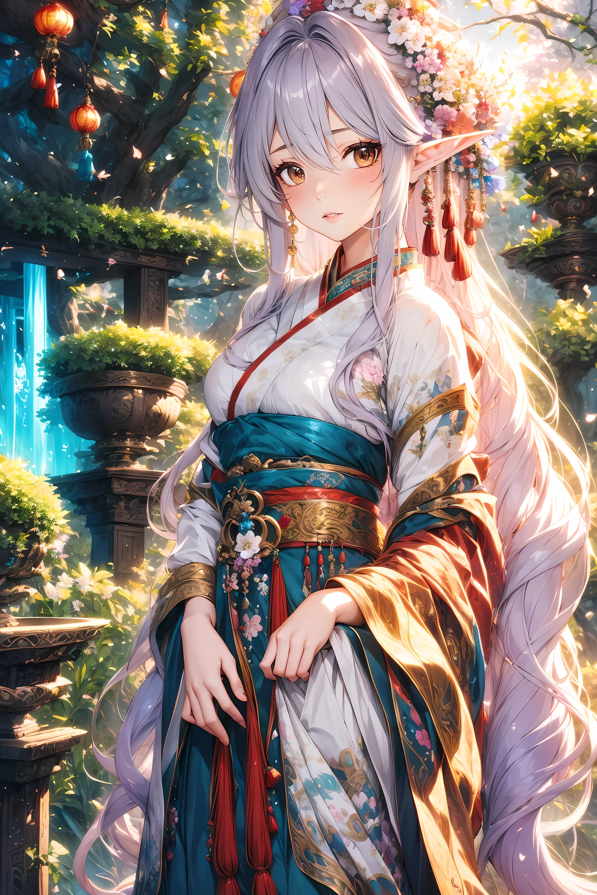 (best quality,4k,high resolution),Gorgeous elves,Chinese Hanfu,Ornaments on hair,pretty face,exquisite embroidery,white silk,Fantasy forest background,bright colors,ethereal lights,Calm expression,flowing sleeves,Exquisite headdress,fantasy art,vivid details,charming atmosphere,magical aura,graceful movements,Calm gaze,radiant beauty,Light makeup,flowing hair,spider,whimsical elements,dreamy atmosphere,artistic interpretation,traditional elegance,Patterns inspired by nature,harmonious composition,Ethereal charm,ethereal beauty,Magical Realism,Dreamy and charming,Vibrant Hanfu,enchanted forest,Peace and tranquility,glow,effortless grace,timeless charm,Ethereal girl,Elegant and charming,elf grace,dreamy scenery,Subtle and delicate,lush foliage,ethereal environment,Mysterious atmosphere,majestic presence,ancient tradition,glow杰作