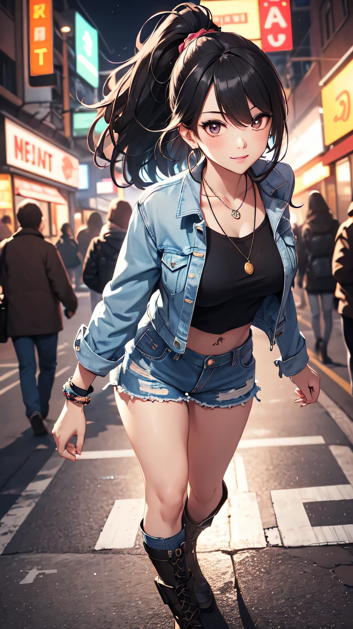 (high resolution, Best Quality:1.2), smile, looking straight, Anime style illustration of a young girl with brown hair in twin tails tied with pink ribbons, wearing a vivid cropped top, denim miniskirt, and platform boots. She has large earrings and multiple bracelets, sparkling in the sunlight. Her expression is more distinctly cute and slightly emotional. The background is the busy Shibuya Scramble Crossing during a sunny day, with active people and colorful advertising boards, conveying urban vigor and energy.