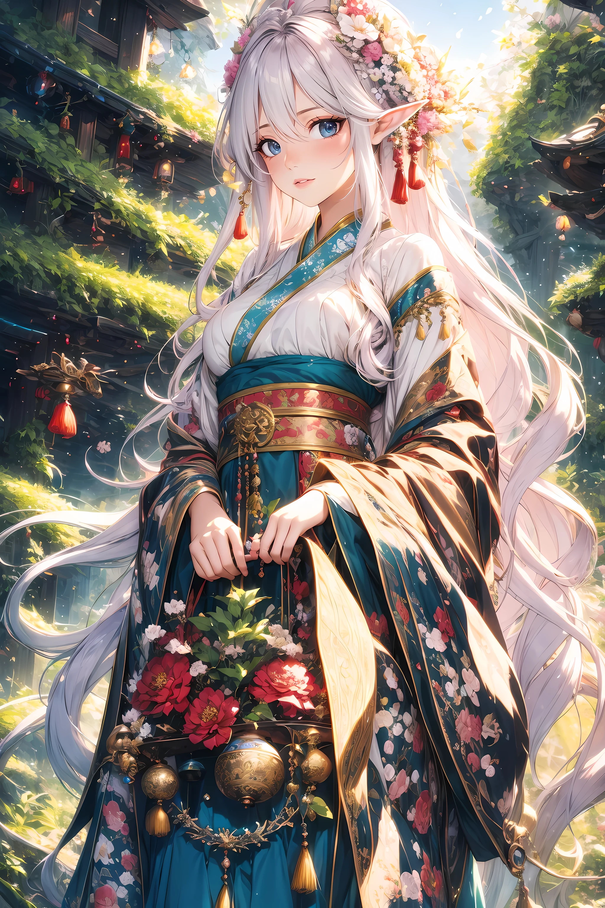 (best quality,4k,high resolution),Gorgeous elves,Chinese Hanfu,Ornaments on hair,pretty face,exquisite embroidery,white silk,Fantasy forest background,bright colors,ethereal lights,Calm expression,flowing sleeves,Exquisite headdress,fantasy art,vivid details,charming atmosphere,magical aura,graceful movements,Calm gaze,radiant beauty,Light makeup,flowing hair,spider,whimsical elements,dreamy atmosphere,artistic interpretation,traditional elegance,Patterns inspired by nature,harmonious composition,Ethereal charm,ethereal beauty,Magical Realism,Dreamy and charming,Vibrant Hanfu,enchanted forest,Peace and tranquility,glow,effortless grace,timeless charm,Ethereal girl,Elegant and charming,elf grace,dreamy scenery,Subtle and delicate,lush foliage,ethereal environment,Mysterious atmosphere,majestic presence,ancient tradition,glow杰作