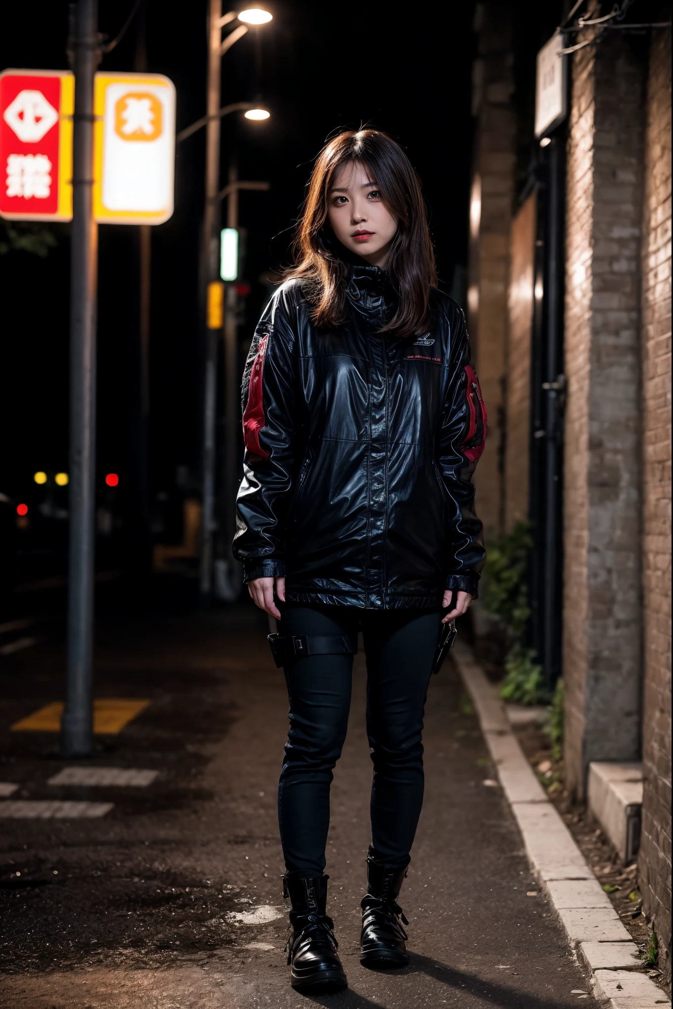 1 Japanese girl, これから要人をassassinationしにいく女の子, warframe, complex pattern, heavy metal, energy line, faceless, shining eyes, elegant, intense, blood red and black uniform, Alone, modern, city, street, dark clouds, thunderstorm, heavy rain,, dramatic lighting,, (masterpiece:1.2), highest quality, High resolution,   beautiful, very detailed, perfect lighting, kill、Infiltration、assassination、full body shot:1.14,