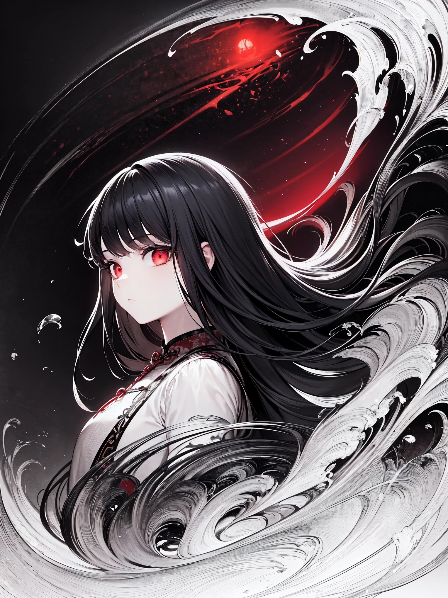 (extremely detailed 8K wallpaper),(ultra-detailed),(best quality),(masterpiece),(highly detailed),(cinematic lighting),(Original),Cold ligh，moody,(Chinese elaborate-style painting ),ink style,32K depth of field,1girl,(loli),solo,beautiful girl，long black hair，((red eyes))