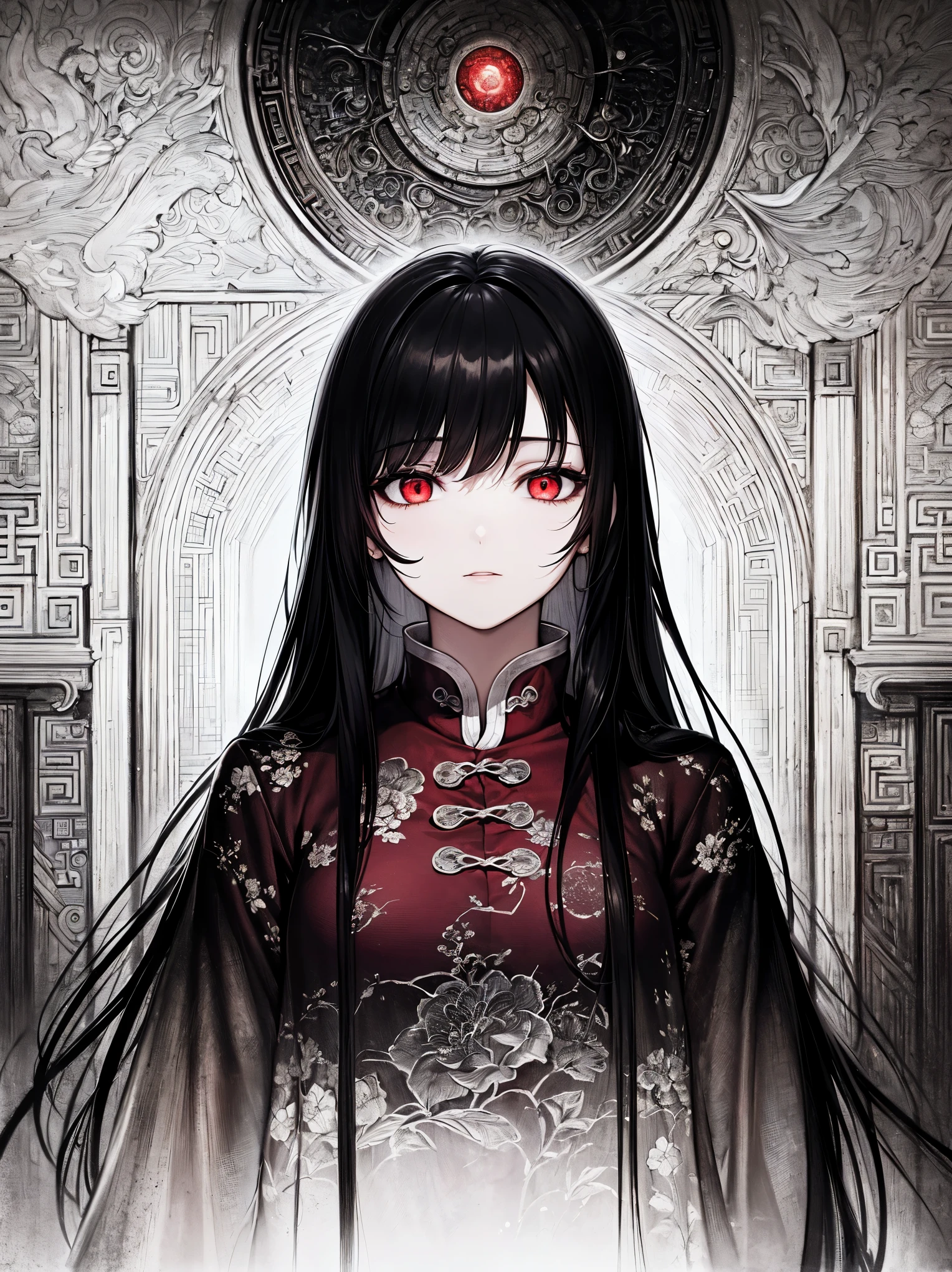 (extremely detailed 8K wallpaper),(ultra-detailed),(best quality),(masterpiece),(highly detailed),(cinematic lighting),(Original),Cold ligh，moody,(Chinese elaborate-style painting ),ink style,32K depth of field,1girl,(loli),solo,beautiful girl，long black hair，((red eyes))