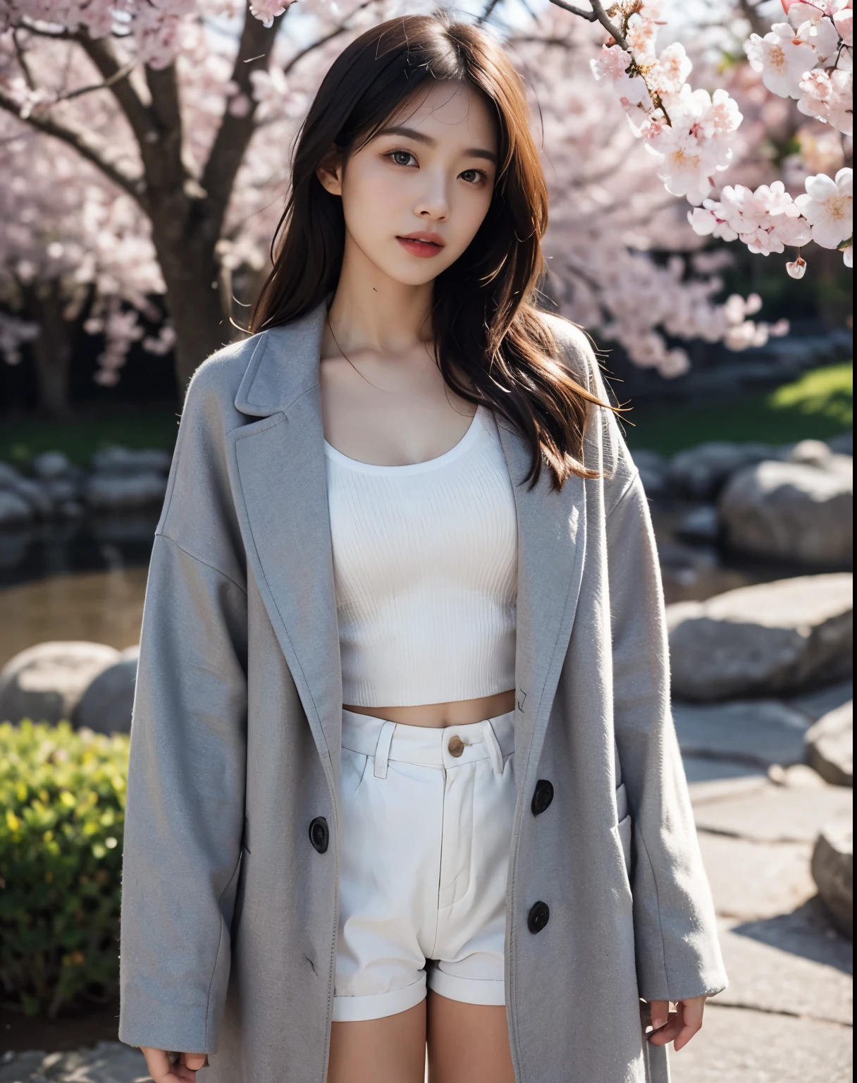 (1 girl:1.4)、(wearing a light overcoat, Under the cherry blossoms on the riverbed:1.3)、(Photoreal:1.4)、(hyper realistic:1.4)、(realistic:1.3)、(smooth lighting:1.05)、(Movie lighting Improvement of quality:0.9)、32K、20 year old girl、healthy beauty、(thigh height:1.2)、realistic lighting、Backlight、facial light、ray tracing、(Natural light:1.2)、(Improvement of quality:1.4)、(Highest quality realistic textured skin:1.4)、detailed face、fine eyes、(tired, sleepy and satisfied:0.0)、 medium breasts、(Enhances the mood of your body line:1.1)、(Enhances the beauty of skin texture:1.1)、black hair、long hair