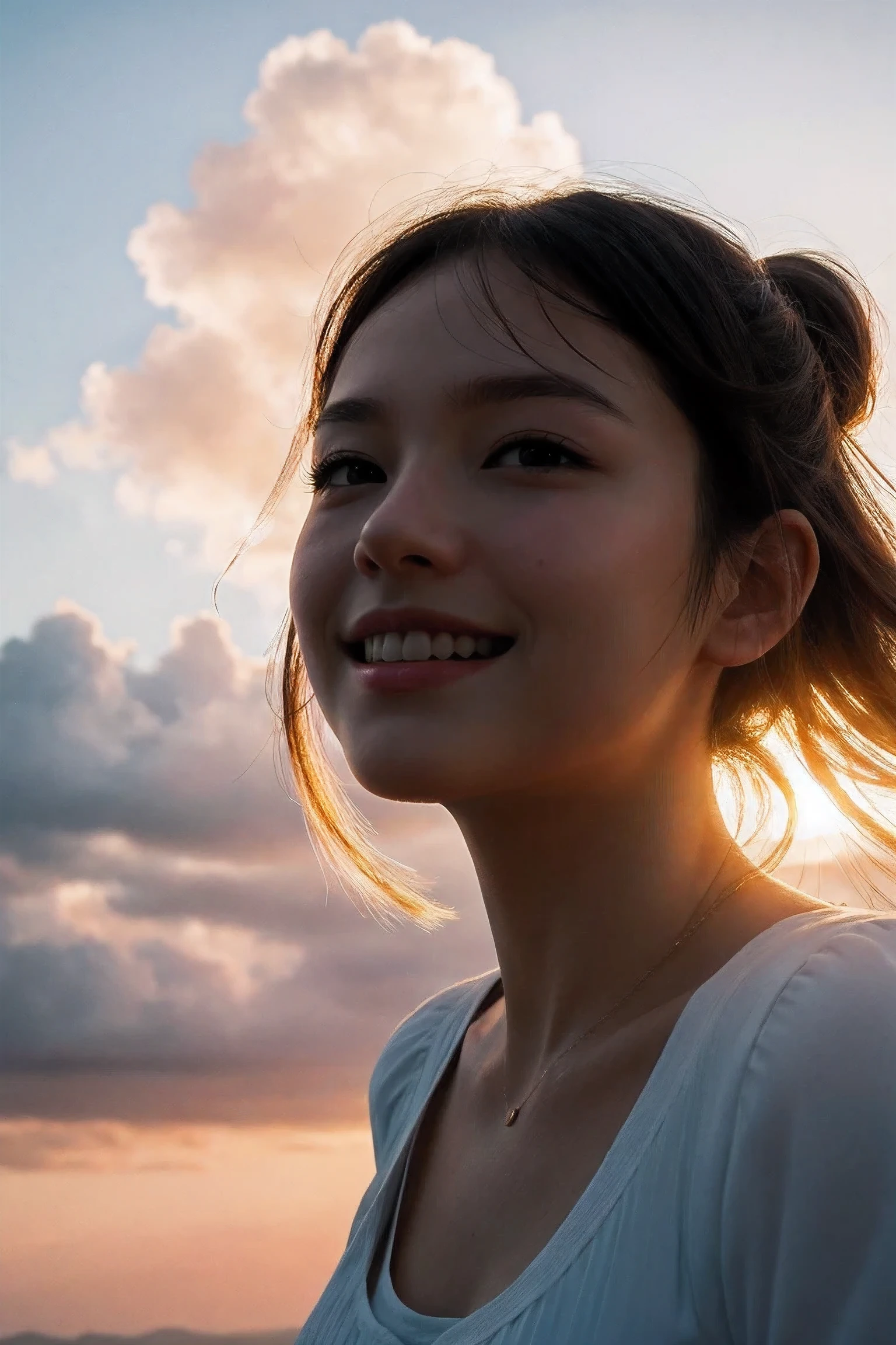 movie stills, cloud girl, floating in the sky, (close up:1.1), bright, happy, pleasure, Warm and soft lighting, Sunset, spark