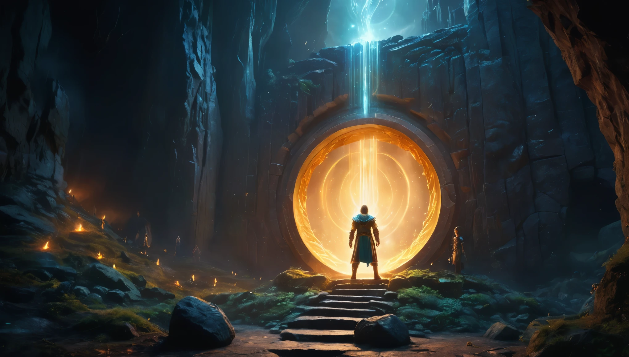 realistic picture, dark fantasy atmosphere, Three Shot (3-Shot), A powerful mage is standing in front of a portal he is opening to another world, he is followed by several heroes of different races (human, elf, dwarf, lowlander), a stone cave inside a citadel in the mountains, Glow from the torch and portal, mythical and magical atmosphere, magic is everywhere, it permeates the stones and characters, Many Magic circles in portal, circle portal,  magic cirlcle, magic light, The portal's circular frame sparkles with many different colors and electricity, different colors, 8K, raw photo, high depth of field, cinematic, 