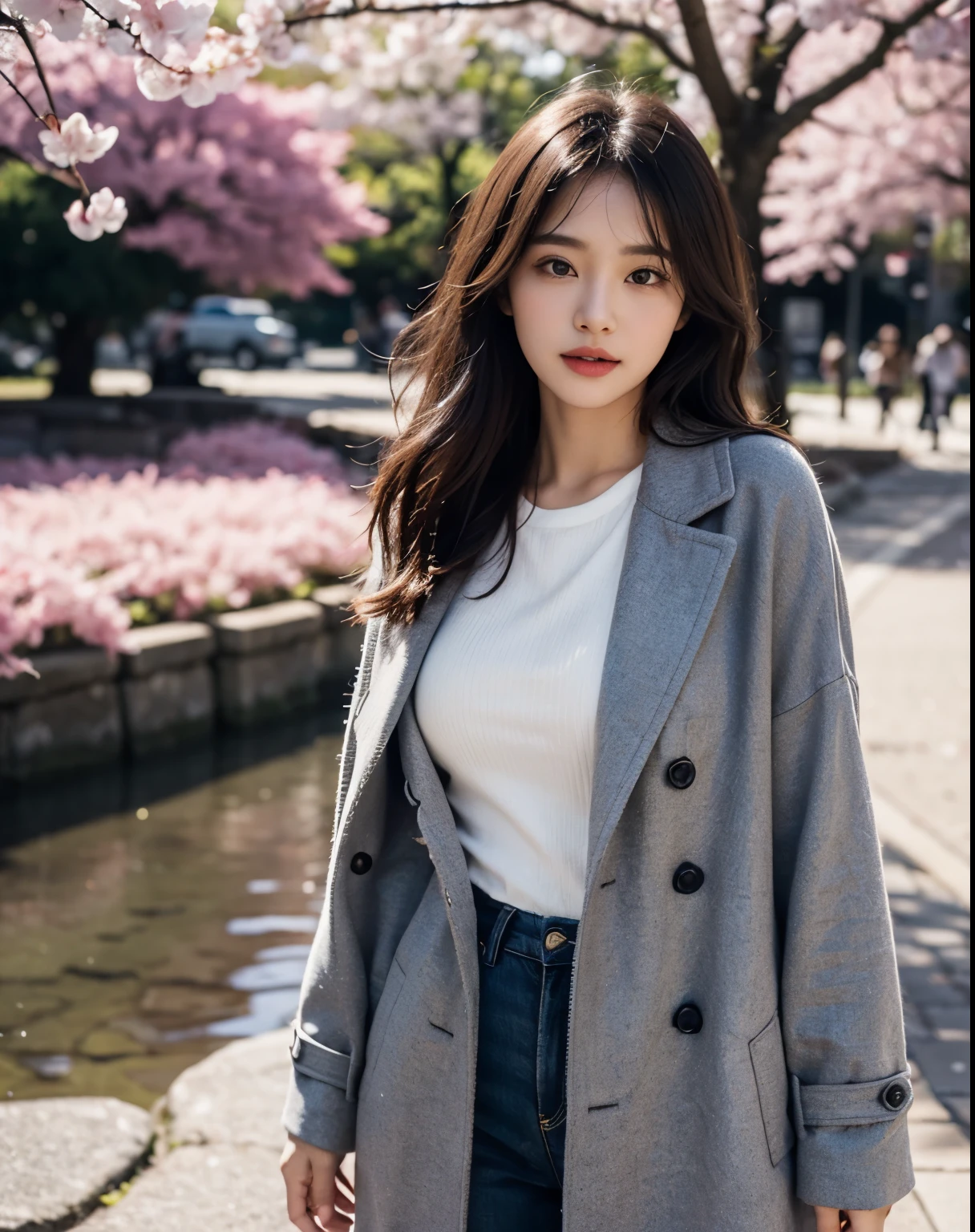 (1 girl:1.4)、(wearing a light overcoat, Under the cherry blossoms on the riverbed:1.3)、(Photoreal:1.4)、(hyper realistic:1.4)、(realistic:1.3)、(smooth lighting:1.05)、(Movie lighting Improvement of quality:0.9)、32K、20 year old girl、healthy beauty、(thigh height:1.2)、realistic lighting、Backlight、facial light、ray tracing、(Natural light:1.2)、(Improvement of quality:1.4)、(Highest quality realistic textured skin:1.4)、detailed face、fine eyes、(tired, sleepy and satisfied:0.0)、 medium breasts、(Enhances the mood of your body line:1.1)、(Enhances the beauty of skin texture:1.1)、black hair、long hair