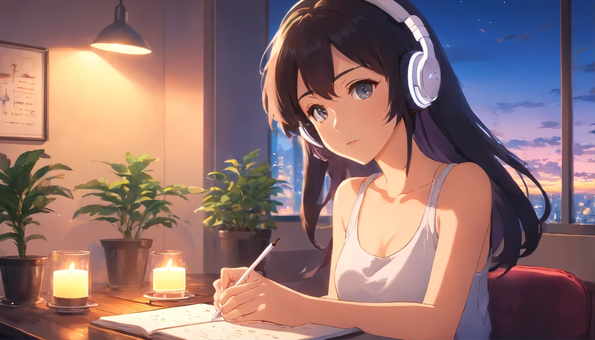 anime girl wearing white headphones, looking at a candle, black hair, 25 years old, tank-top, Exposed cleavage, big breasts F-cup, revealing skin, lofi girl anime vibes, lofi artstyle, anime style 4k, anime aesthetic, nightcore, lofi feel, lofi art, anime art wallpaper 4k, anime wallpaper 4k, lofi vibes, studying, plants in the room, have a pen, writing in a notebook, a mug on the table, a lighted candle on the table, city view, sunrise, white headphone, anime style, cinematic lighting, Sony FE GM, masterpiece, best quality, 4K