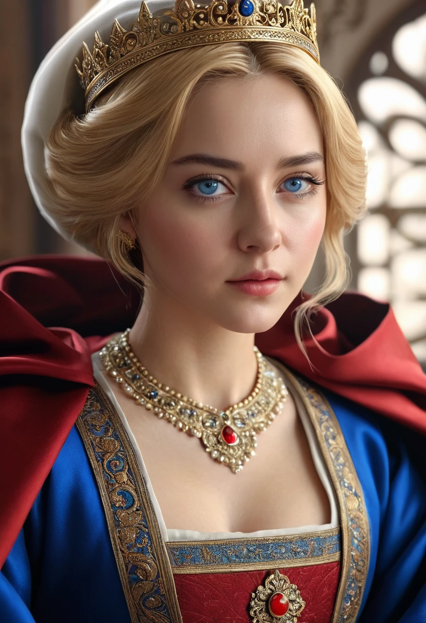 (Masterpiece: 1.2, Best Quality), Realistic, (Realistic Picture, Complex Details, Depth of Field), Best Quality, Masterpiece, Highly Detailed, Semi Realistic, 1 Girl, Mature Female, 21 Years Old, Blond Hair, Shoulder length Short Hair, Left Eye Covered with Hair, Blue Eyes, King's Clothes, Red Cloak, Slim Figure, Crown Made of Precious Gold, Reading Documents, Marking Documents, Goose Hair Pen, Office Table, Soft Bench, Palace, In the palace, during the Middle Ages