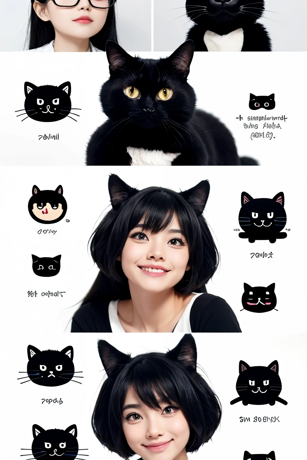 a black cat,Emoticons,cute style,Simple drawing style,personification,different expressions,Multiple pos and expressions
