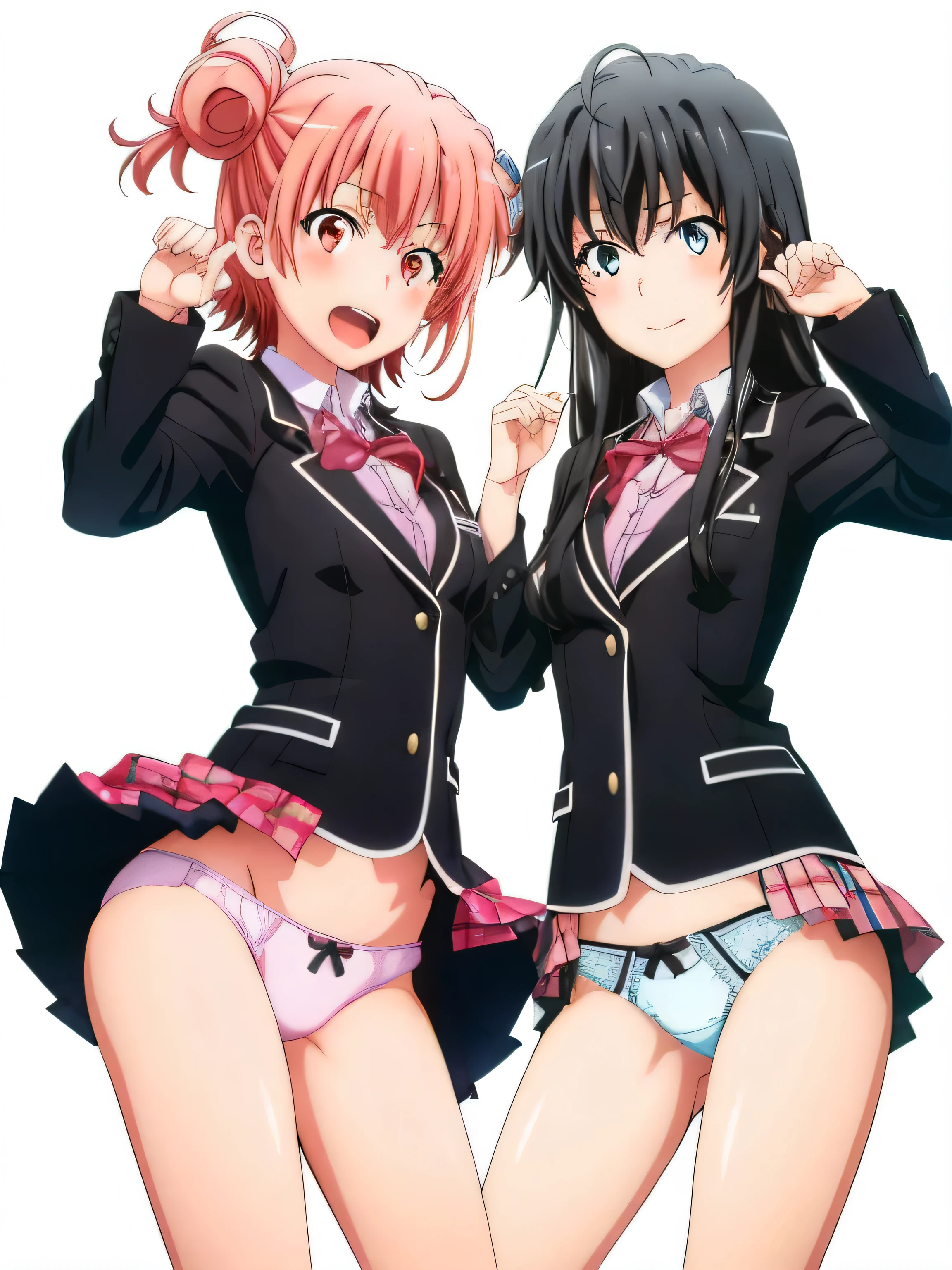 2 girls ,(old high quality) ,Yukinoshita Yukino , Yuigahama Yui , waltz dance , school uniform,check skirt,thighs,(white panties),(pink panties),