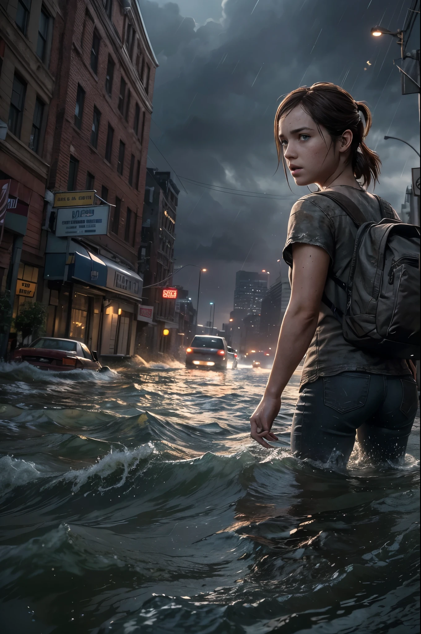 (Ellie the last of us 2), a Masterpiece half body shot, an american dark brown 18 years old girl with freckles running in the water, blue eyes, slender slim body, very small breasts, pale skin, wet body, very detailed face, freckles on face, escaping, frightened, running away, dynamic pose, in an overflooded manhattan street at night, the last of us 2 background, apocalyptic environment, the last of us 2 vibes, thunderstorm, lightnings, wind, waves, catastrophic lightning, Ultra realistic photography, UHD, 8k, sharp photography, wide angle