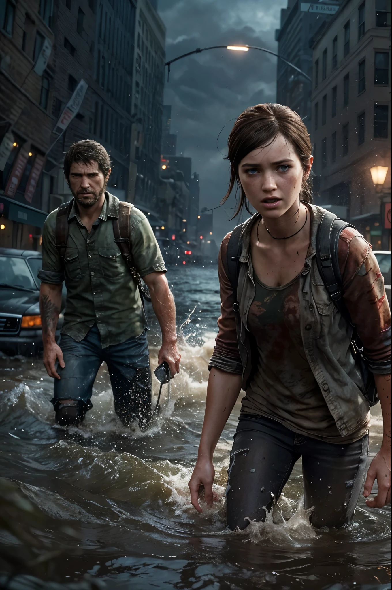 (Ellie the last of us 2), a Masterpiece half body shot, an american dark brown 18 years old girl with freckles running in the water, blue eyes, slender slim body, very small breasts, pale skin, wet body, very detailed face, freckles on face, escaping, frightened, running away, dynamic pose, in an overflooded manhattan street at night, the last of us 2 background, apocalyptic environment, the last of us 2 vibes, thunderstorm, lightnings, wind, waves, catastrophic lightning, Ultra realistic photography, UHD, 8k, sharp photography, wide angle